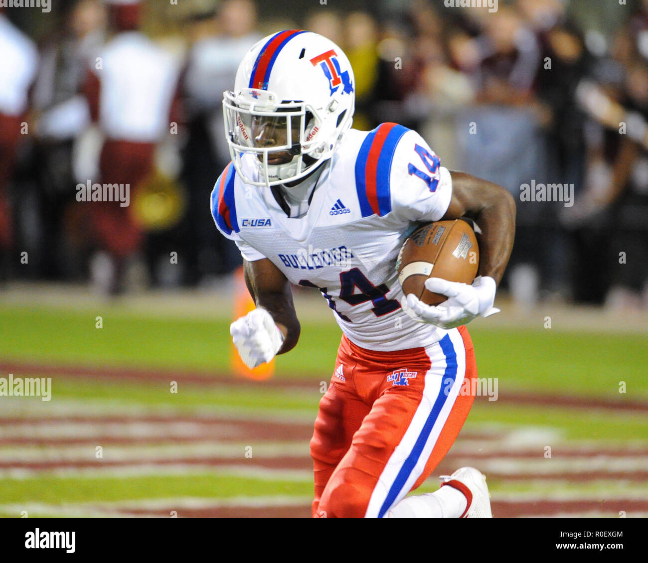 November 03, 2018: Louisiana Tech wide receiver, PRAISE OKORIE (14), runs the ball, during the NCAA Division I football game between Louisiana Tech and the Mississippi State Bulldogs at Davis Wade Stadium in Starkville, MS. Mississippi State leads LA Tech at the half, 31-3. Kevin Langley/CSM Stock Photo