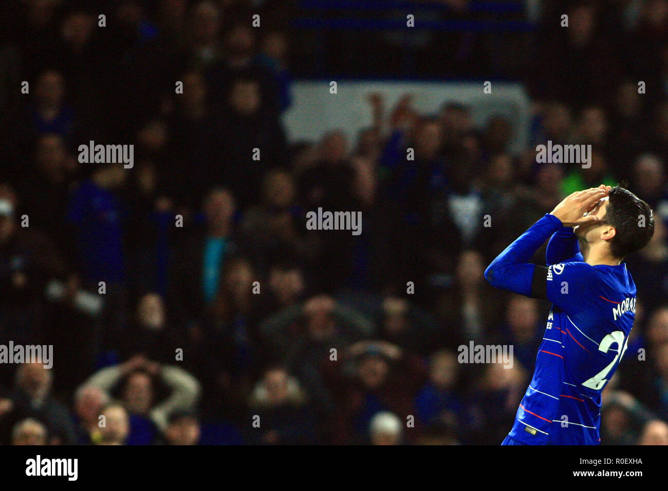 London, UK. 4th Nov 2018. Alvaro Morata of Chelsea reacts  after missing a chance on goal. Premier League match, Chelsea v Crystal Palace at Stamford Bridge in London on Sunday 4th November 2018.  this image may only be used for Editorial purposes. Editorial use only, license required for commercial use. No use in betting, games or a single club/league/player publications. pic by Steffan Bowen/ Andrew Orchard sports photography/Alamy Live news Stock Photo