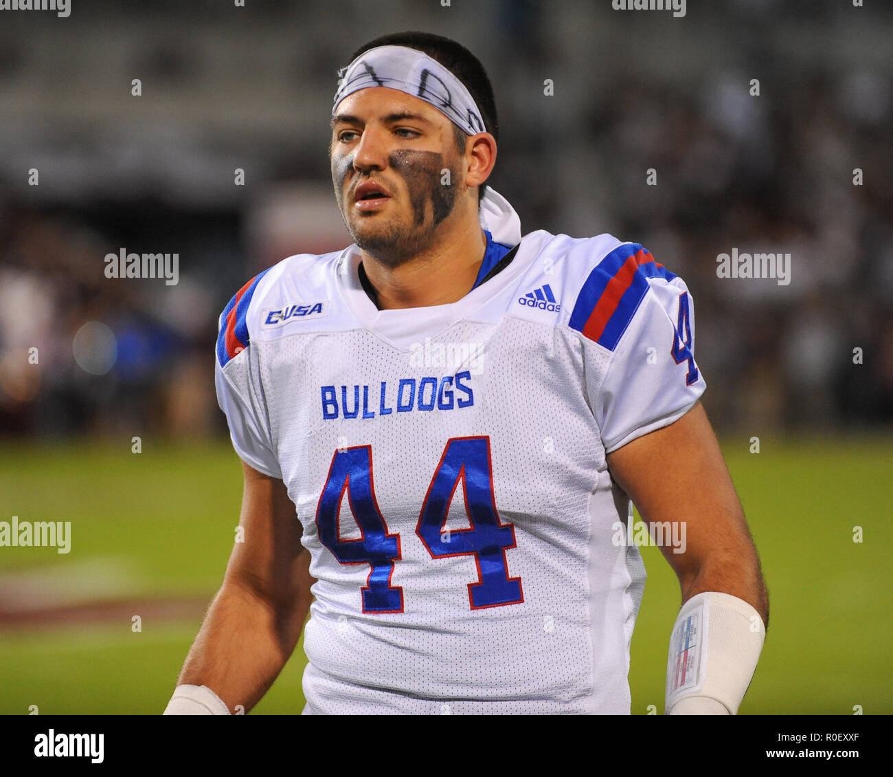 November 03, 2018: Louisiana Tech linebacker, BRANDON DURMAN (44), on the sidelines during the NCAA Division I football game between Louisiana Tech and the Mississippi State Bulldogs at Davis Wade Stadium in Starkville, MS. Mississippi State leads LA Tech at the half, 31-3. Kevin Langley/CSM Stock Photo