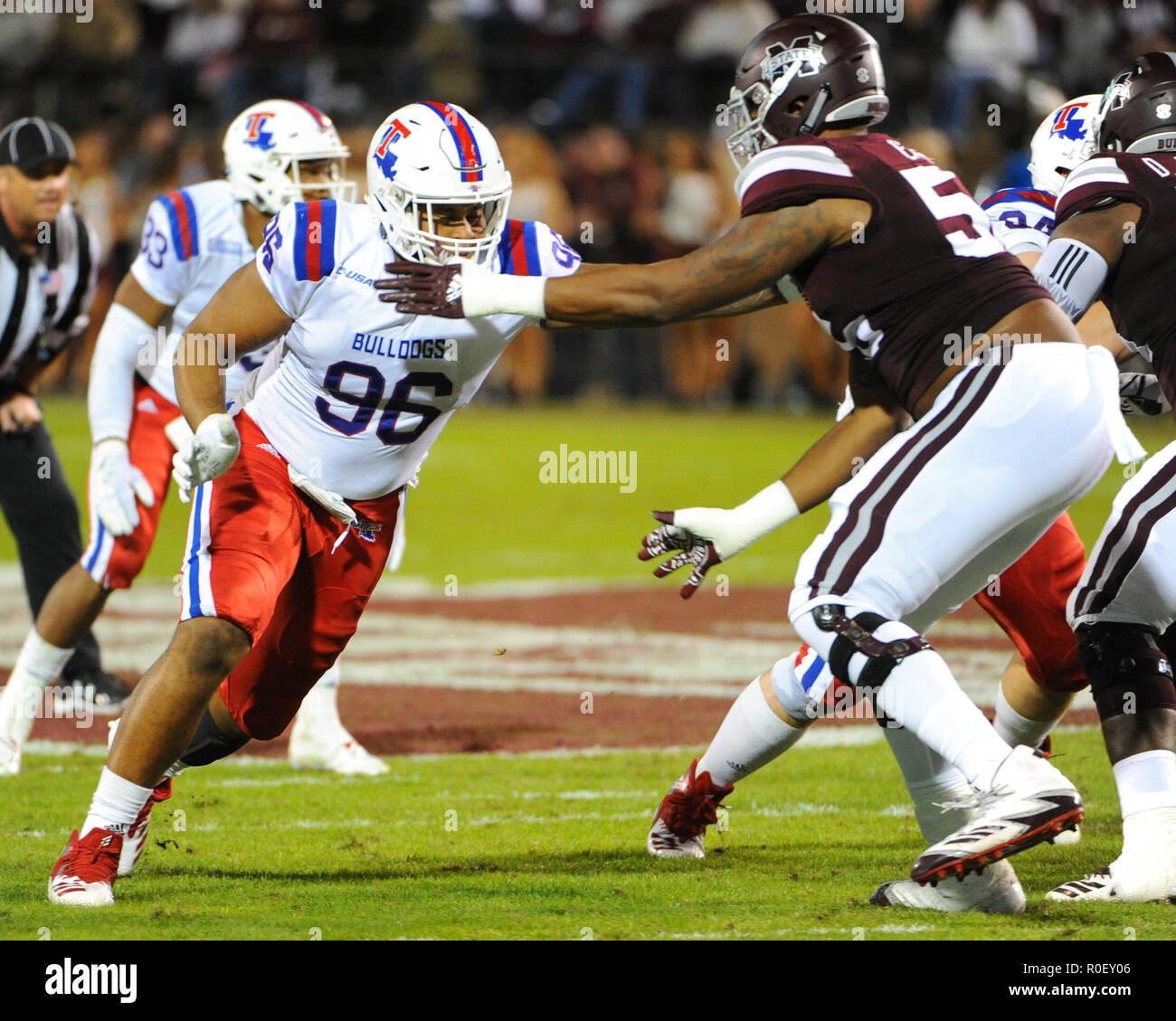 November 03, 2018: Louisiana Tech defensive tackle, KA'DERRION MASON (96), in action during the NCAA Division I football game between Louisiana Tech and the Mississippi State Bulldogs at Davis Wade Stadium in Starkville, MS. Mississippi State leads LA Tech at the half, 31-3. Kevin Langley/CSM Stock Photo