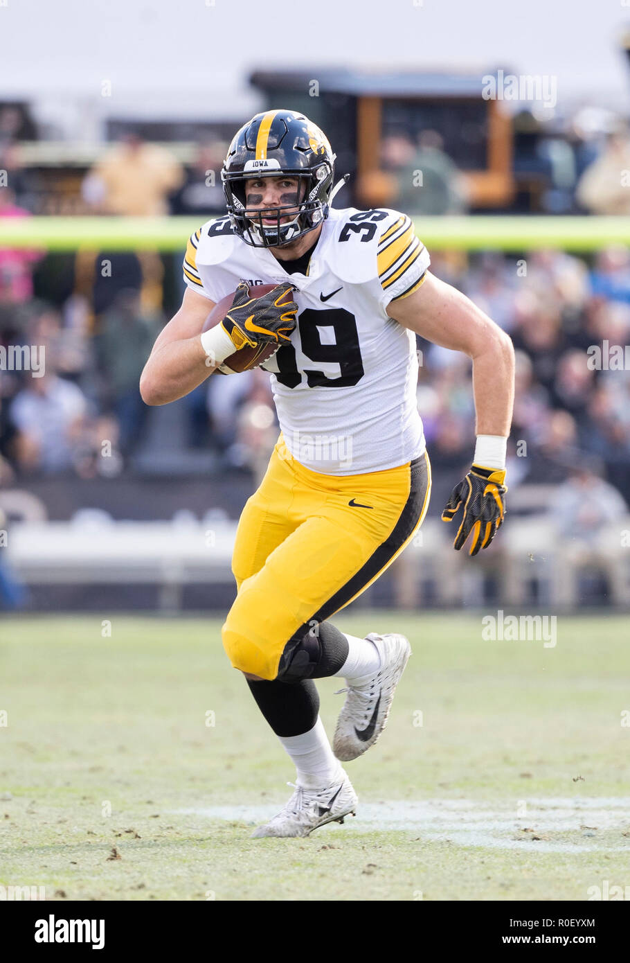 November 03, 2018: Iowa tight end Nate Wieting (39) runs with the ball after the catch during NCAA football game action between the Iowa Hawkeyes and the Purdue Boilermakers at Ross-Ade Stadium in West Lafayette, Indiana. Purdue defeated Iowa 38-36. John Mersits/CSM. Stock Photo