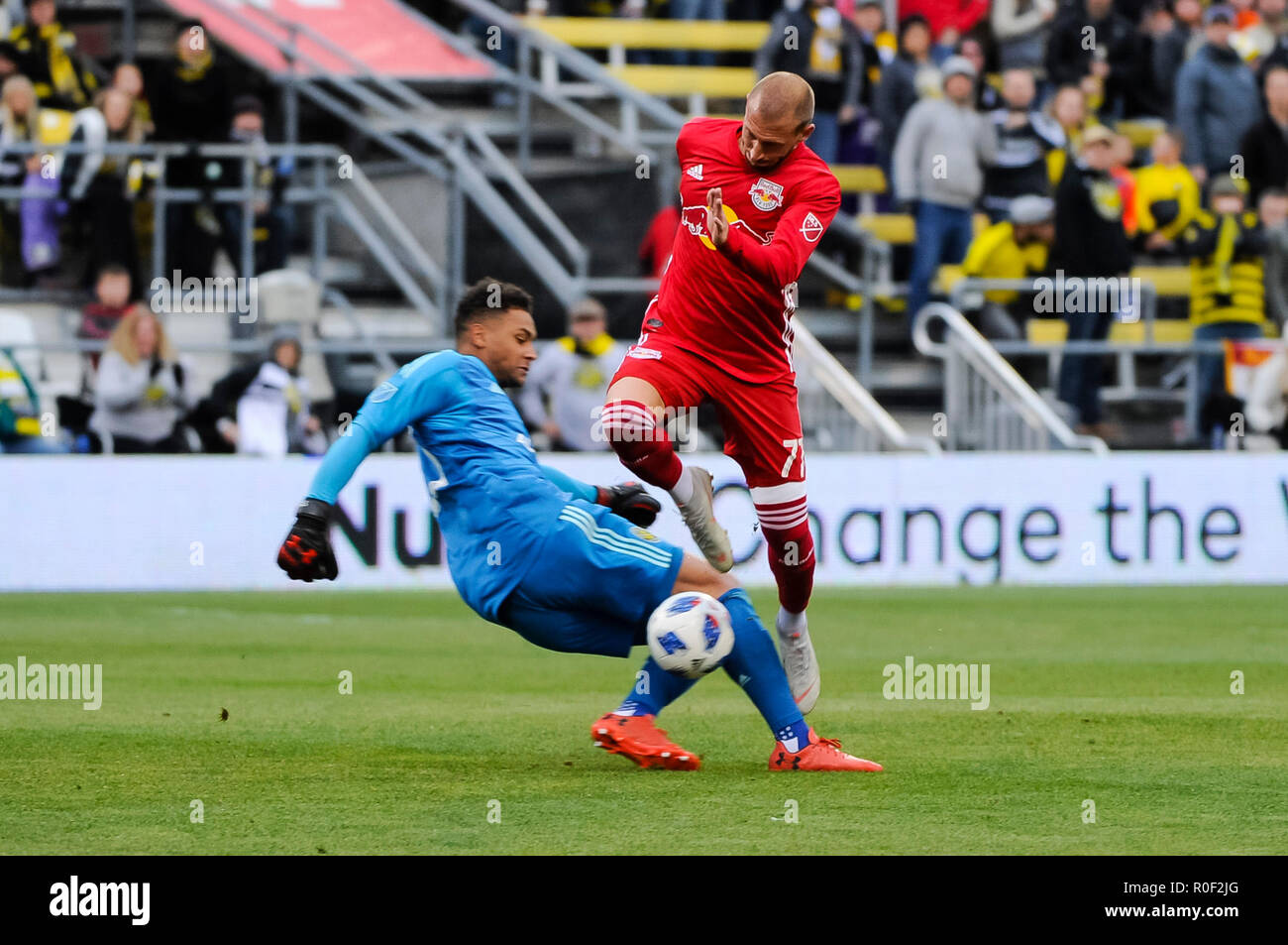 Sunday, November 04, 2018: Columbus Crew SC goalkeeper Zack Steffen (23) comes out to slide tackle the ballfrom New York Red Bulls midfielder Daniel Royer (77) in the second half of the match between New York Red Bulls and Columbus Crew SC in the Conference Semi-finals Leg 1 of 2 at MAPFRE Stadium, in Columbus OH. Mandatory Photo Credit: Dorn Byg/Cal Sport Media. Columbus Crew SC 1 - New York Red Bulls 0 Stock Photo