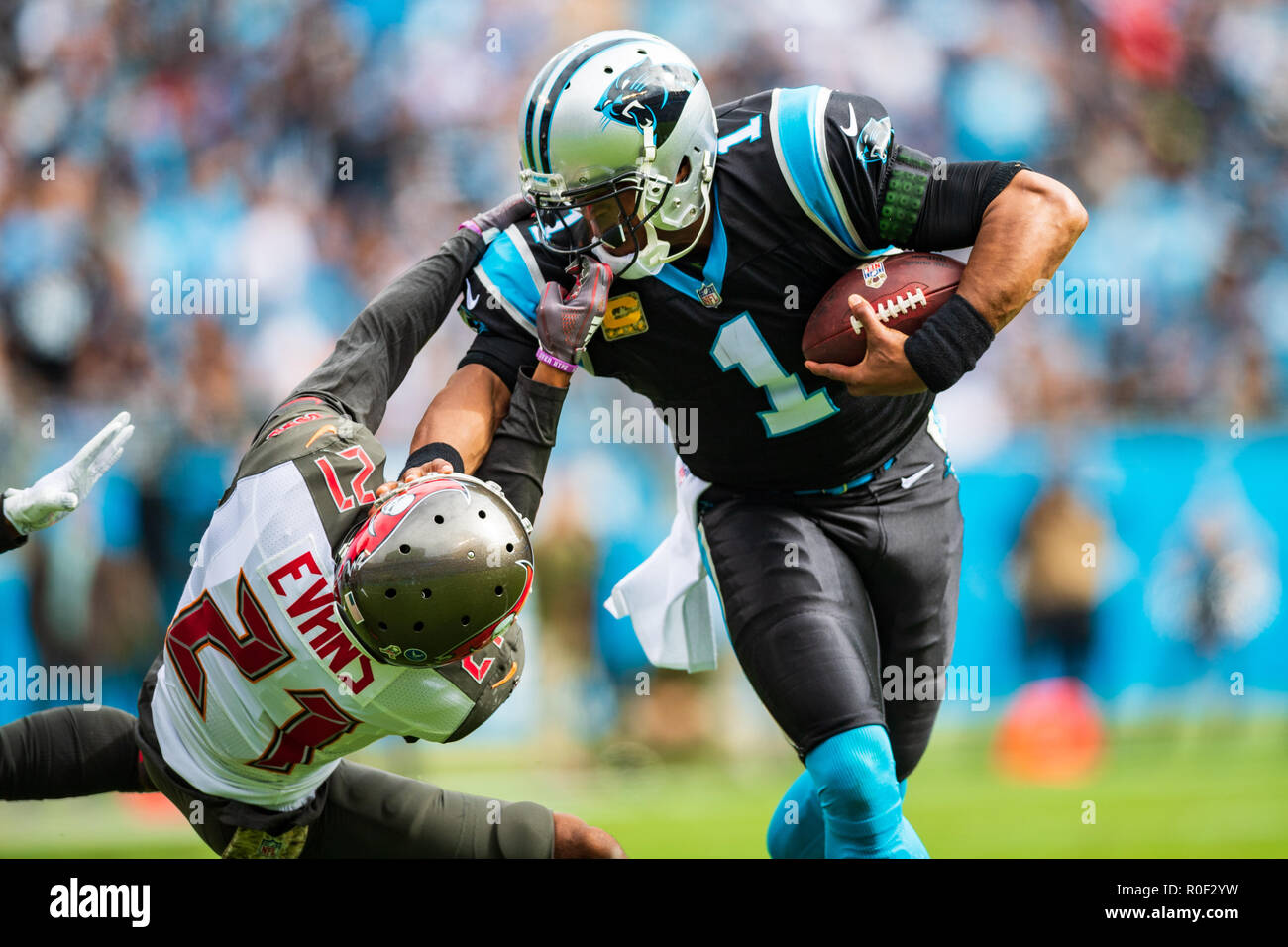 Carolina Panthers quarterback Cam Newton (1) Tampa Bay Buccaneers strong safety Justin Evans (21) during the NFL football game between the Tampa Bay Buccaneers and the Carolina Panthers on Sunday November 4, 2018 in Charlotte, NC. Jacob Kupferman/CSM Stock Photo