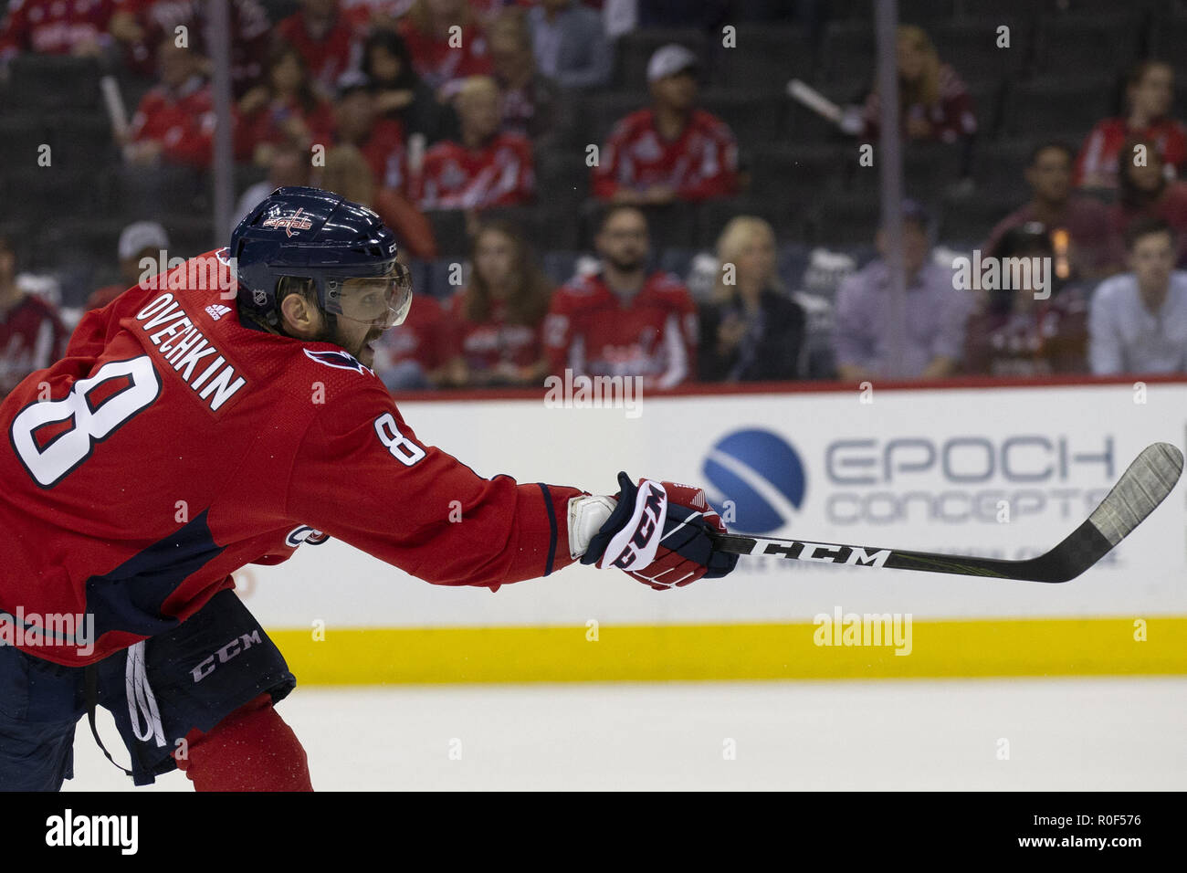 Washington, DC, USA. 3rd Oct, 2018. Washington Capitals left wing Alex Ovechkin (8) shoots during the game between the Boston Bruins and Washington Capitals at Capitol One Arena in Washington, DC on October 3, 2018. The Washington Capitals won the 2018 Stanley Cup. Credit: Alex Edelman/ZUMA Wire/Alamy Live News Stock Photo
