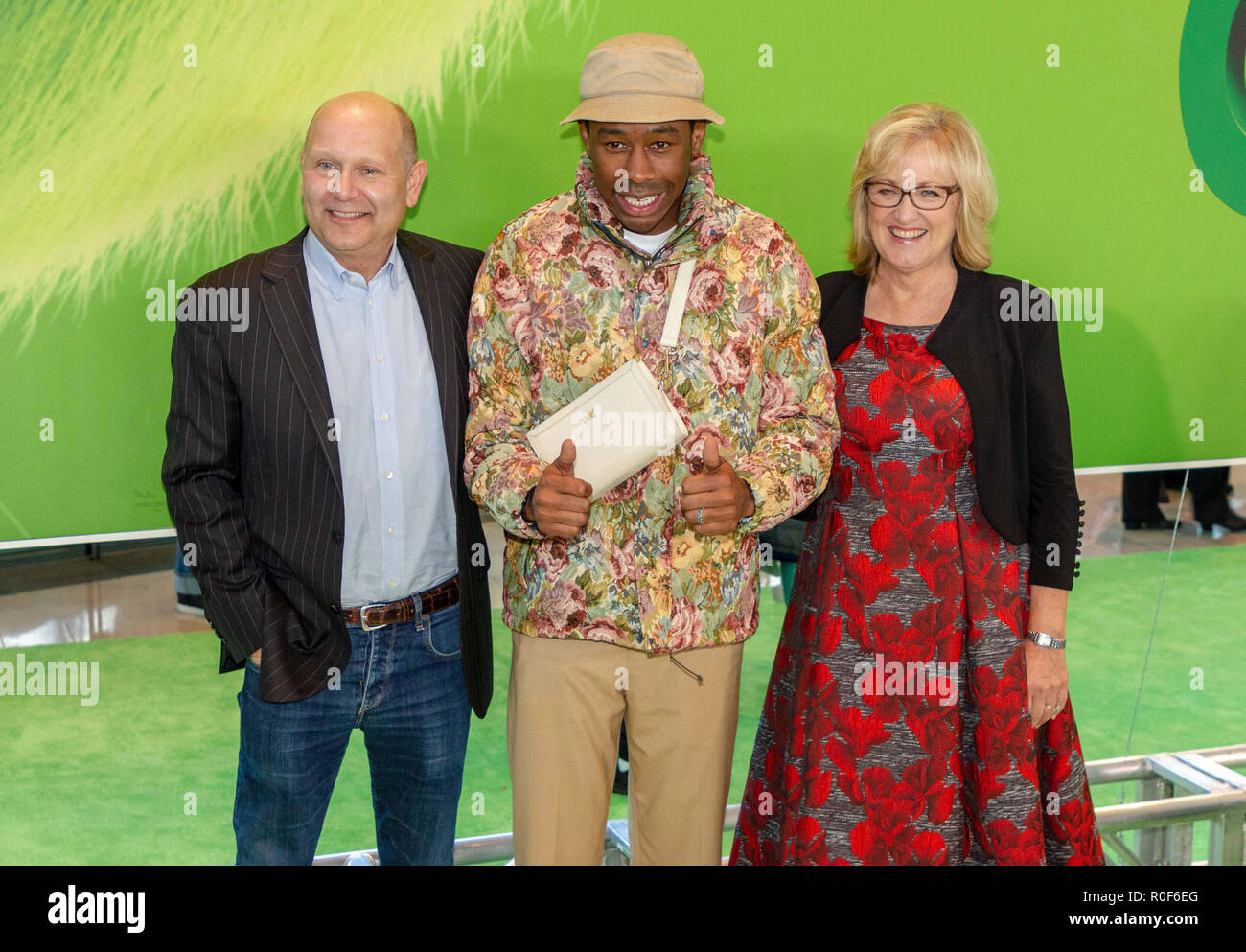 New York, NY, USA. 3rd November, 2018. (L-R) Producer Chris Meledandri, musician Tyler, the Creator,  and producer Janet Healy attend the world premiere of Dr Seuss’s “The Grinch' at Alice Tully Hall in New York City on November 3, 2018. Credit: Jeremy Burke/Alamy Live News Stock Photo