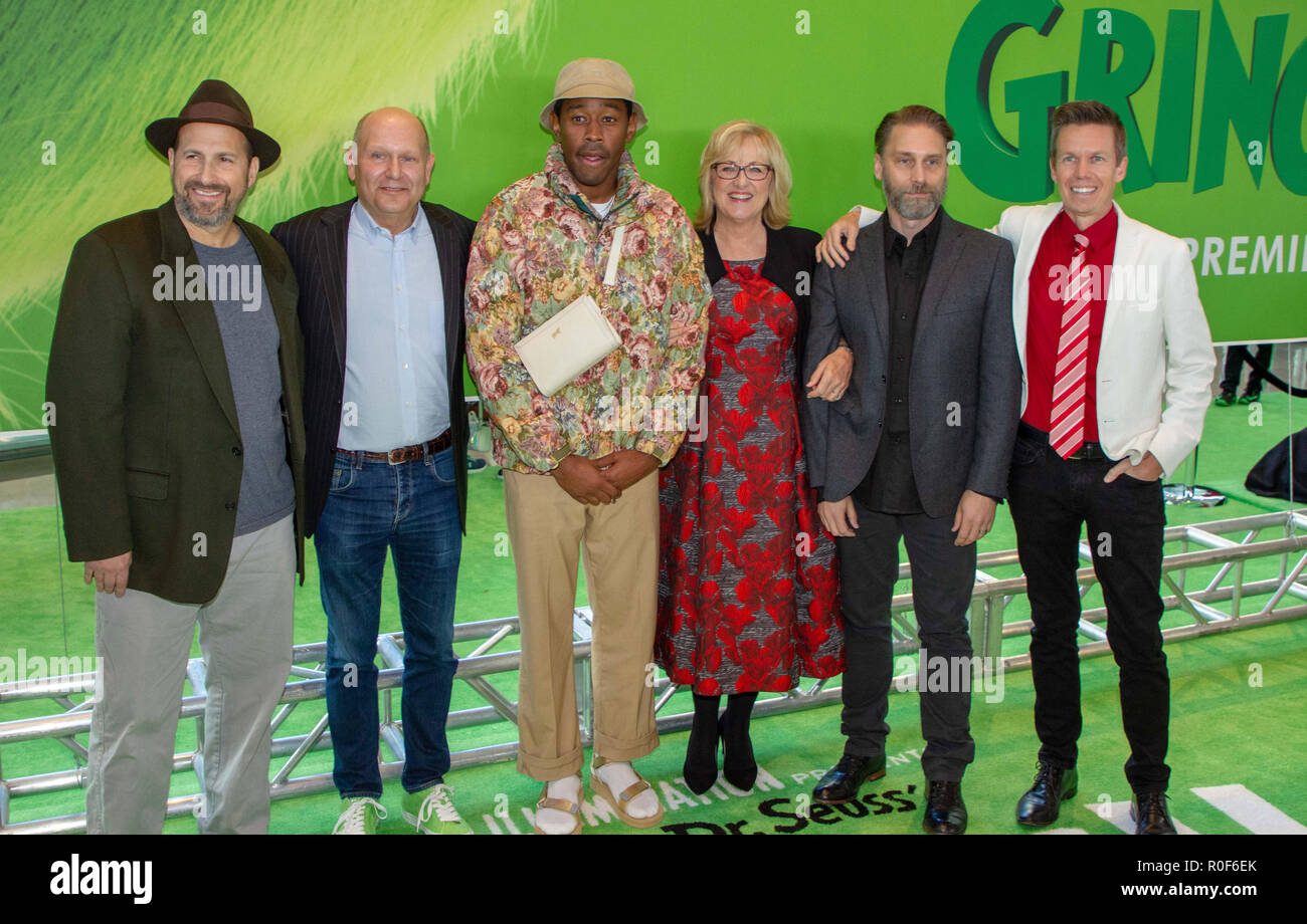 New York, NY, USA. 3rd November, 2018. (L-R) Writer Tommy Swerdlow, producer Chris Meledandri, musician Tyler, the Creator,  producer Janet Healy, and directors Scott Mosier and Yarrow Cheney attend the world premiere of Dr Seuss’s “The Grinch' at Alice Tully Hall in New York City on November 3, 2018. Credit: Jeremy Burke/Alamy Live News Stock Photo