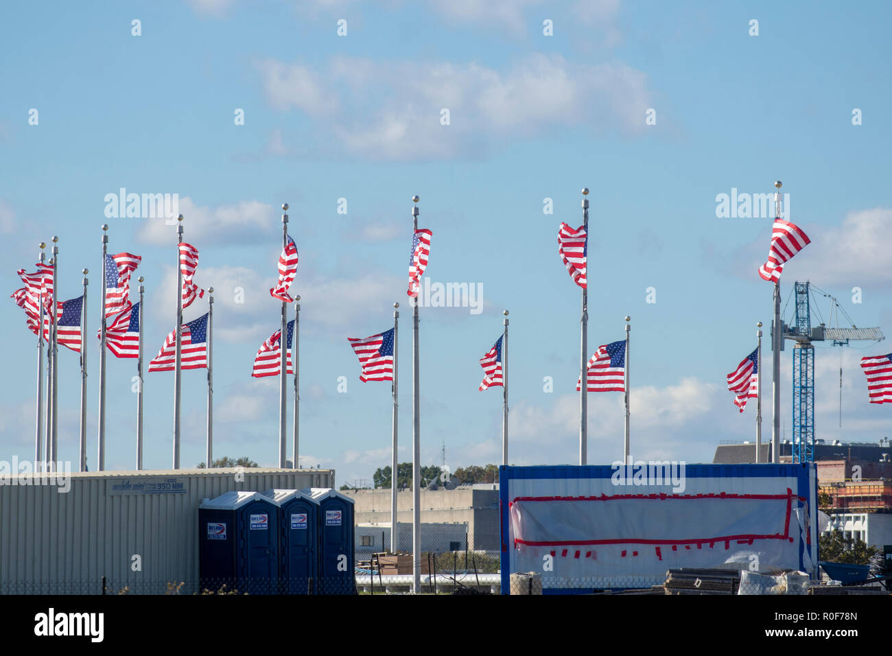 Strong winds blow flags in different directions at the Washington