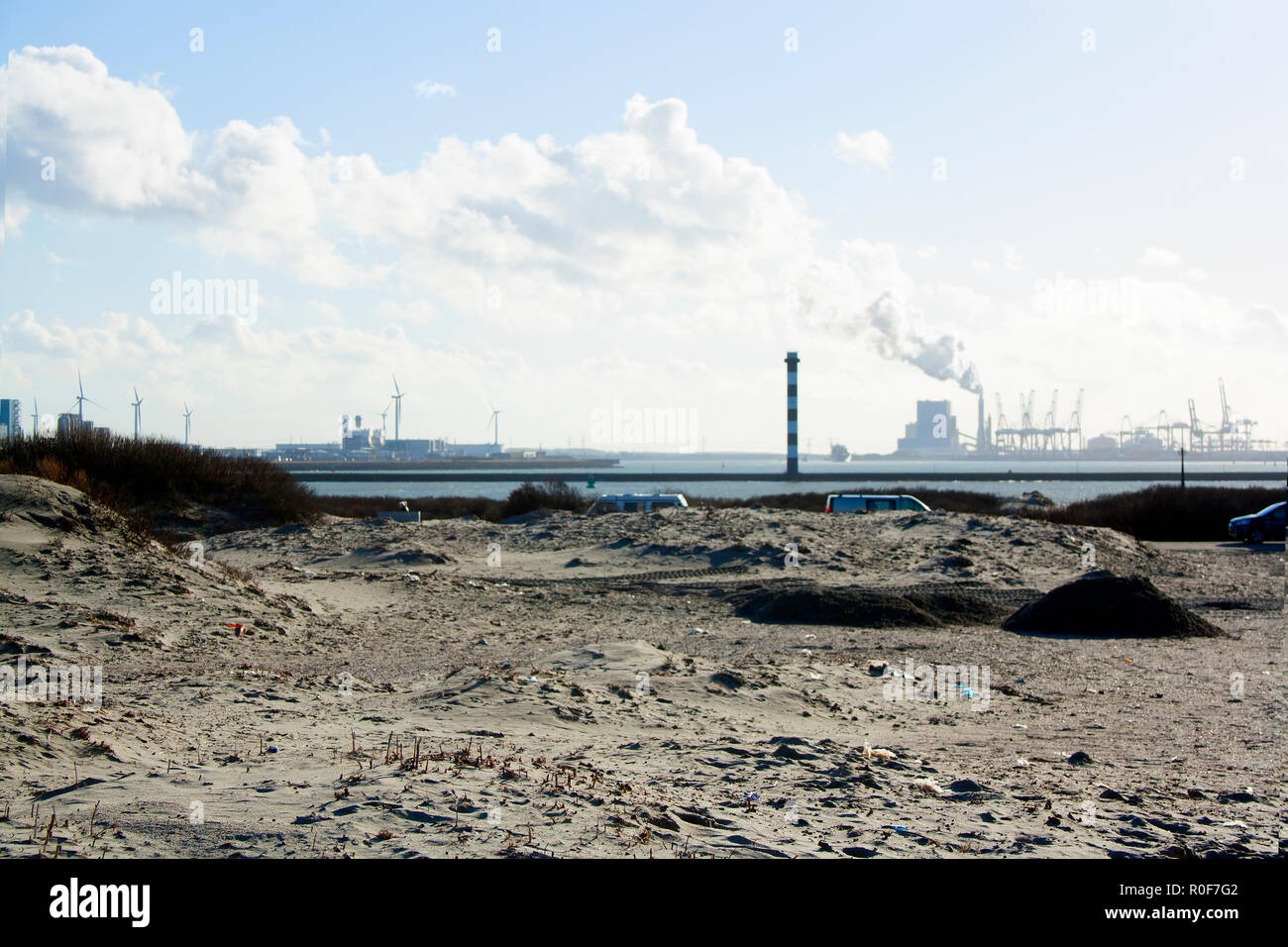 Smoke rising from a power station at Hook of Holland, Netherlands Stock Photo