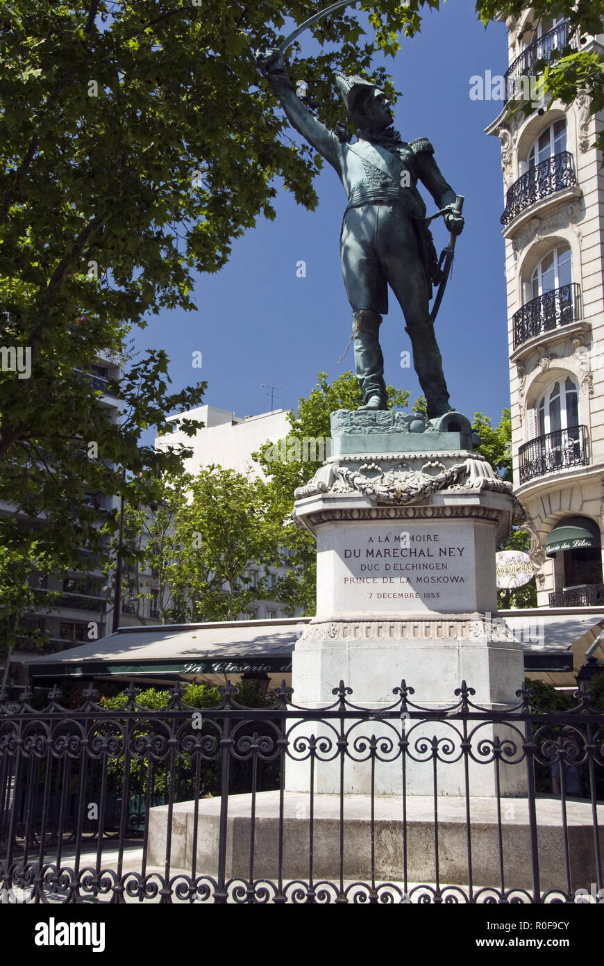 A statue of Marshal Ney stands next to La Closerie des Lilas, a favorite cafe of Ernest Hemingway, in the Montparnasse area of Paris, France. Stock Photo