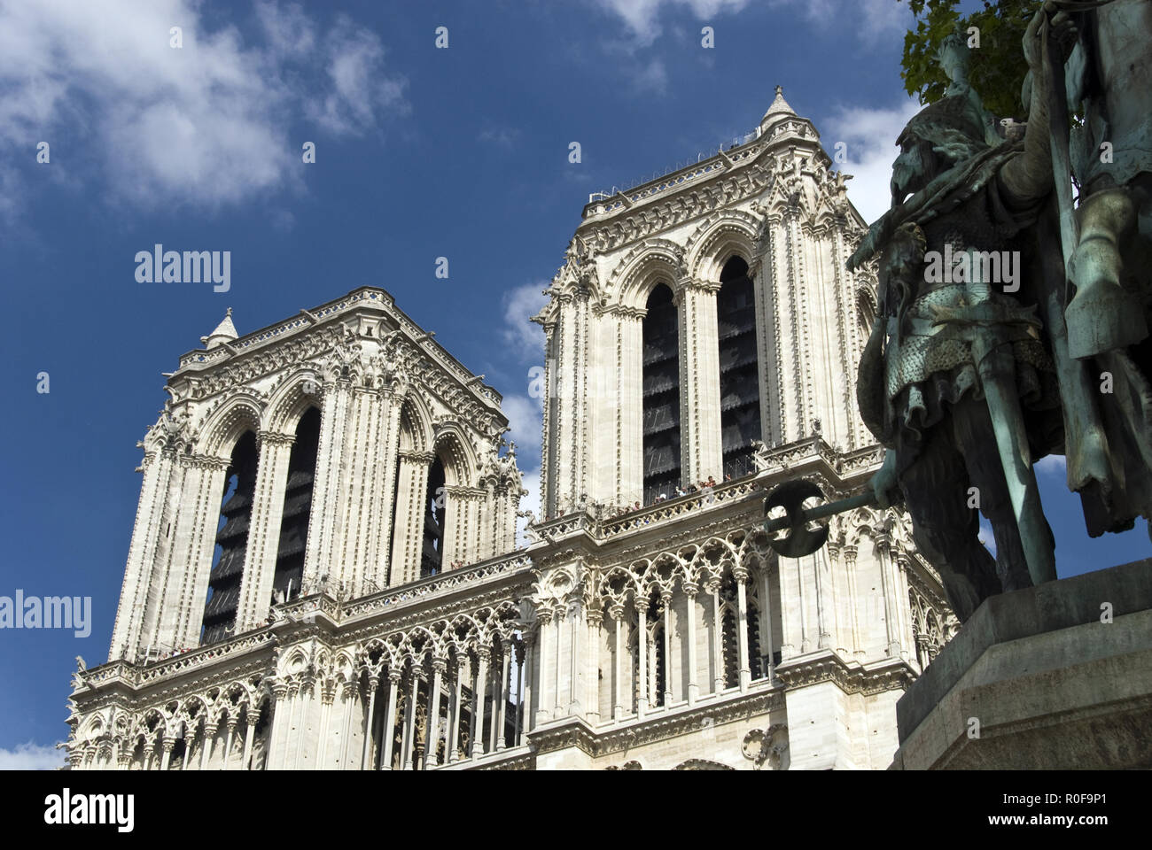 The western side of NotreDame features two bell towers; the cathedral