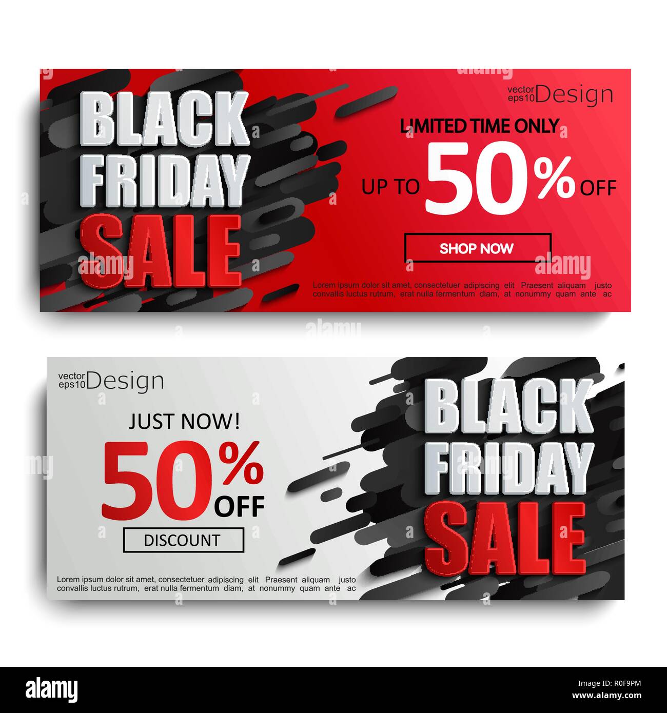 Two black friday sale banners on dynamic red and grey background. Perfect template for flyers, discount cards, web, posters, ad, promotions, blogs and social media, marketing. Vector illustration. Stock Vector