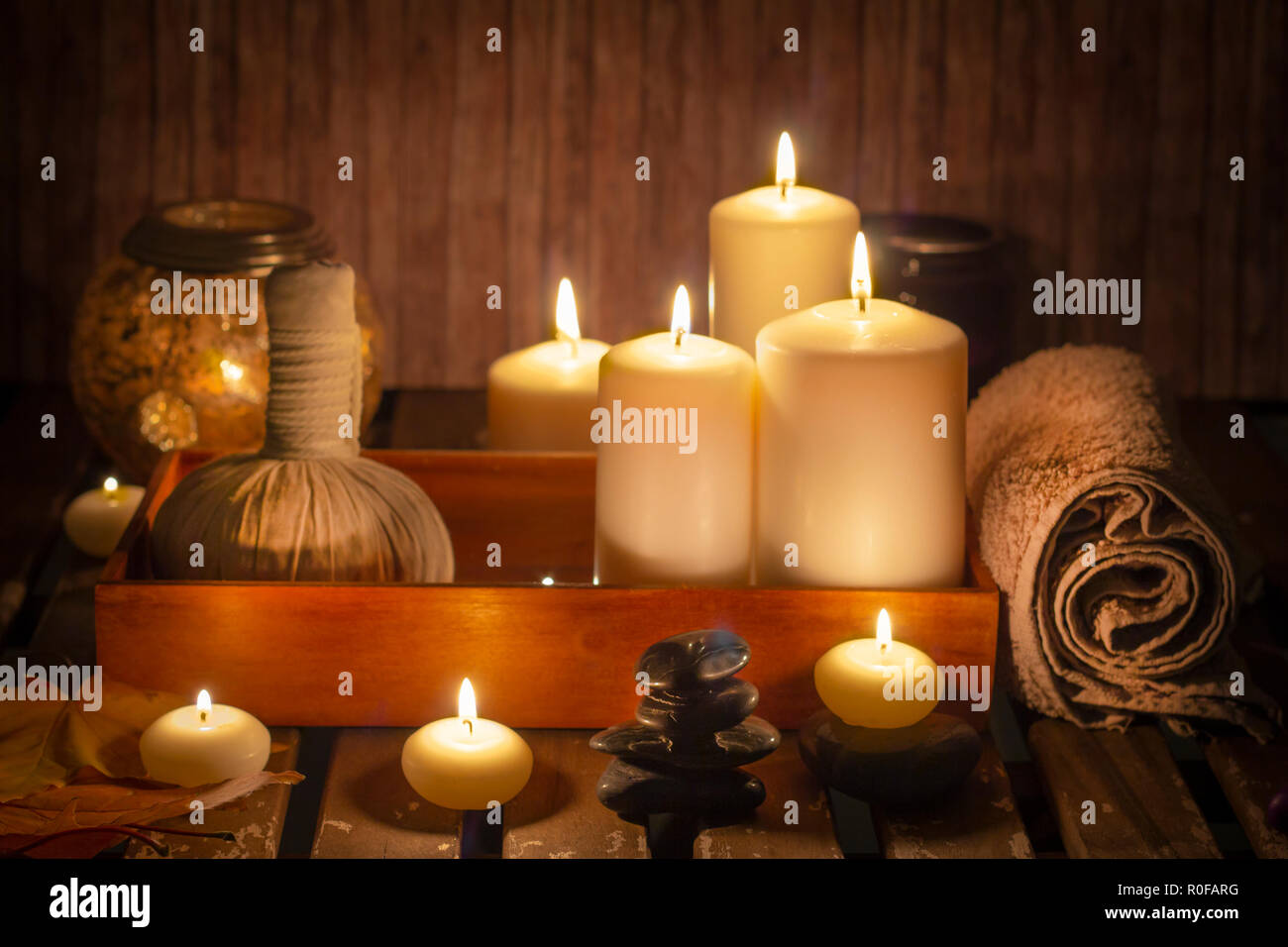 burning candles in wellness spa Stock Photo