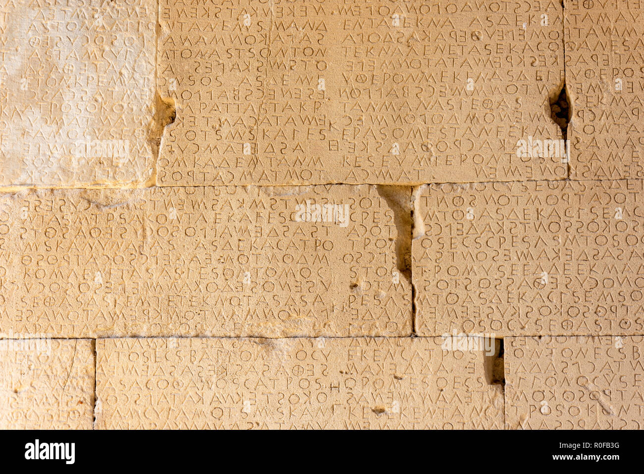 Boustrophedon inscription (code of law) in the Agora of Gortyn, Gortyn Bronze Age archaeological site, Agioi Deka, Irakleio Region, Crete , Greece Stock Photo
