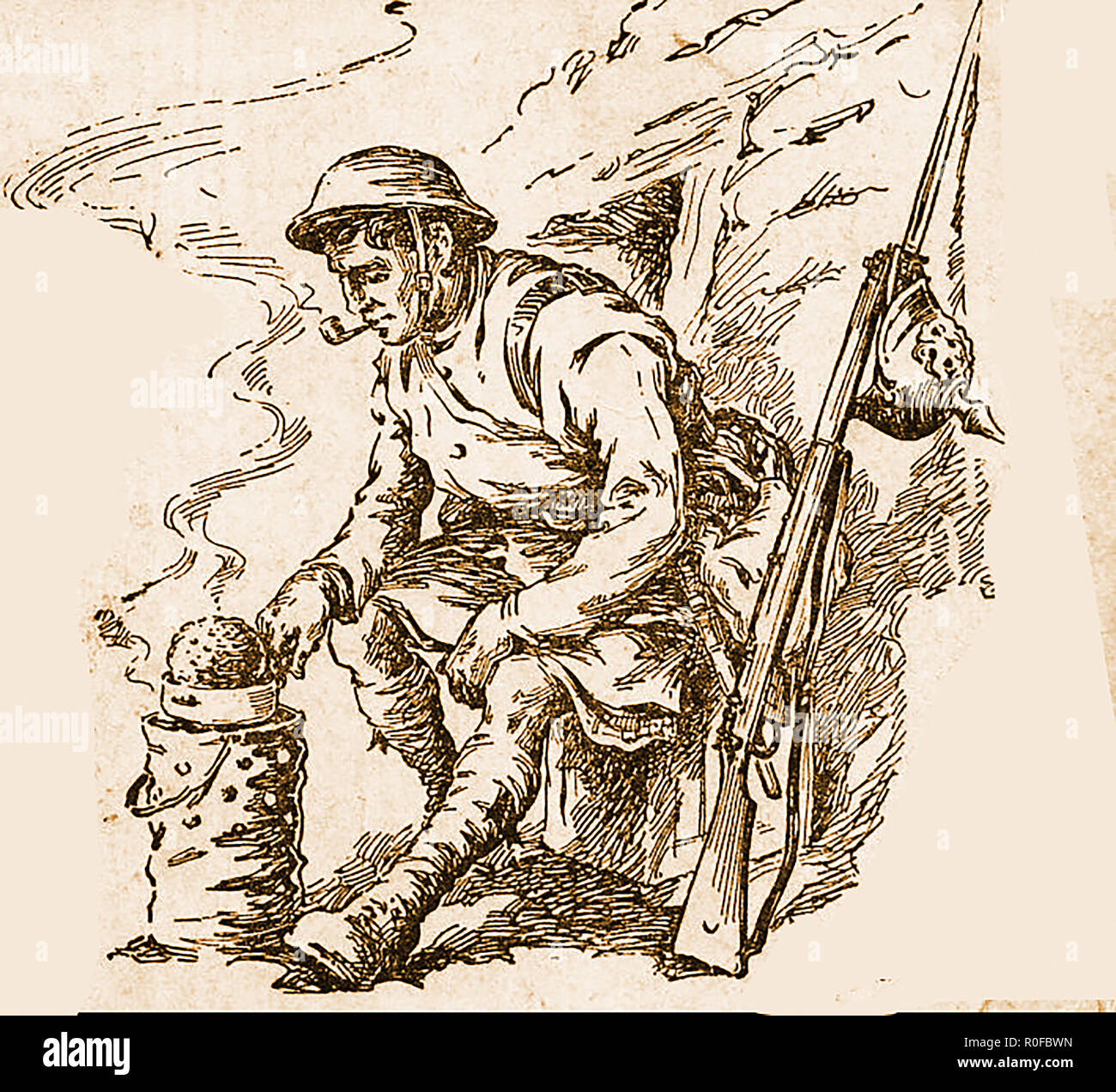 WWI illustration - A British soldier cooking on a makeshift stove with a pipe in his mouth and a trophy German helmet on his fixed bayonet Stock Photo
