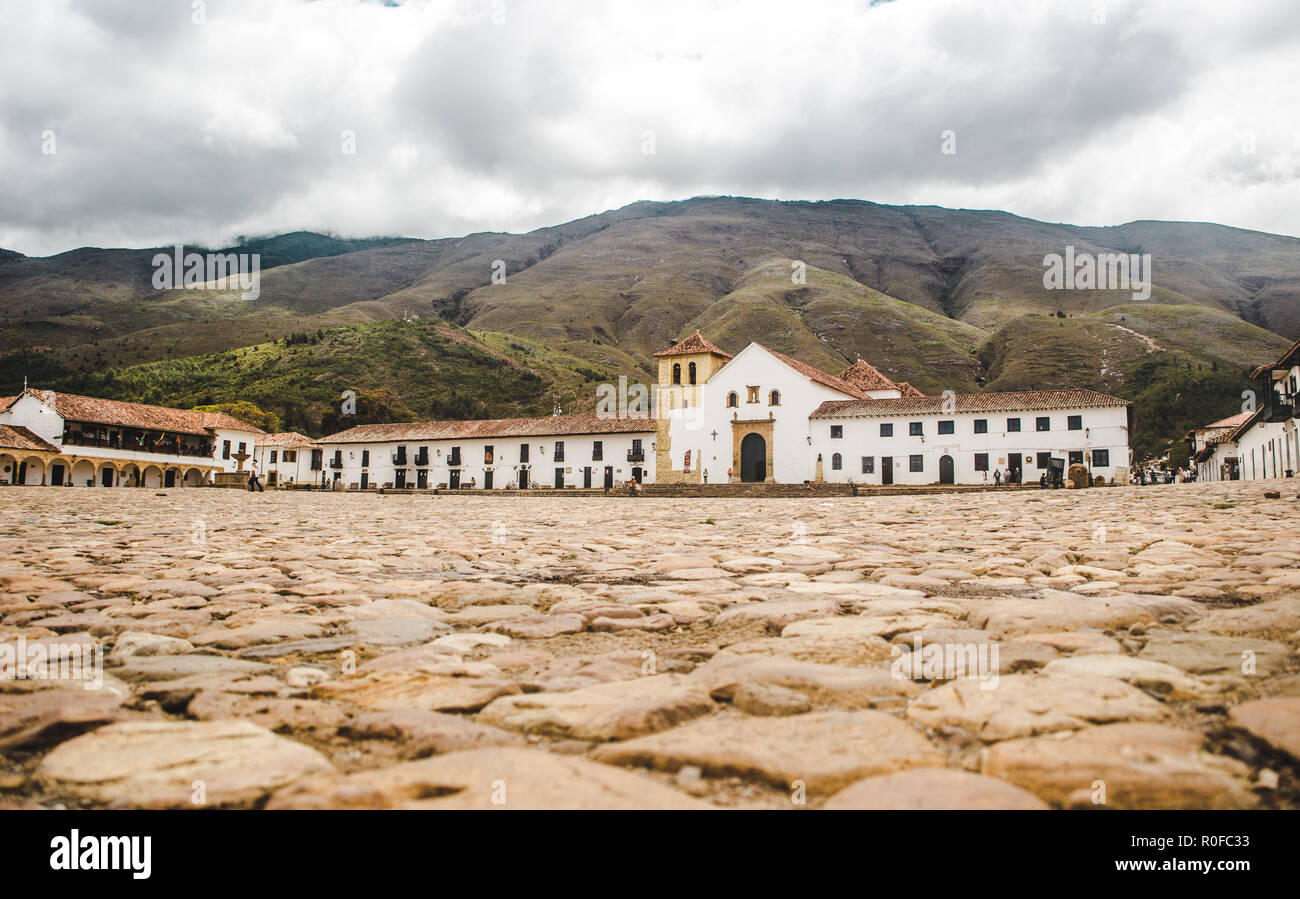 Plaza Mayor, the main town square of Villa de Leyva, Colombia, famous for its large expanse of cobbled space Stock Photo