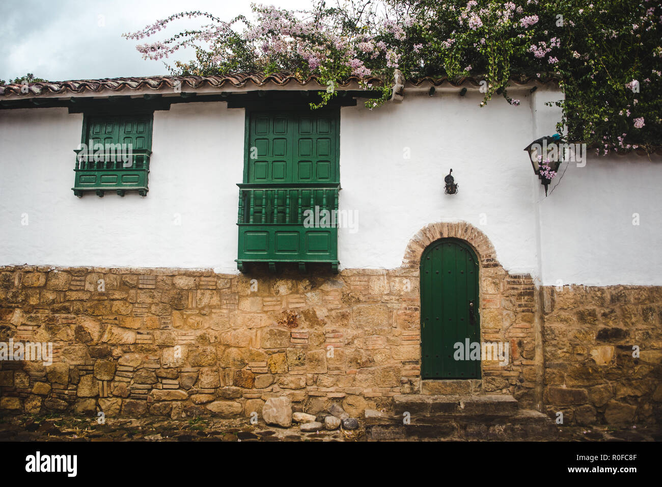 Typical Spanish colonial architecture in Villa de Leyva, an authentic pueblo / small town and popular tourist destination in Boyacá Colombia Stock Photo
