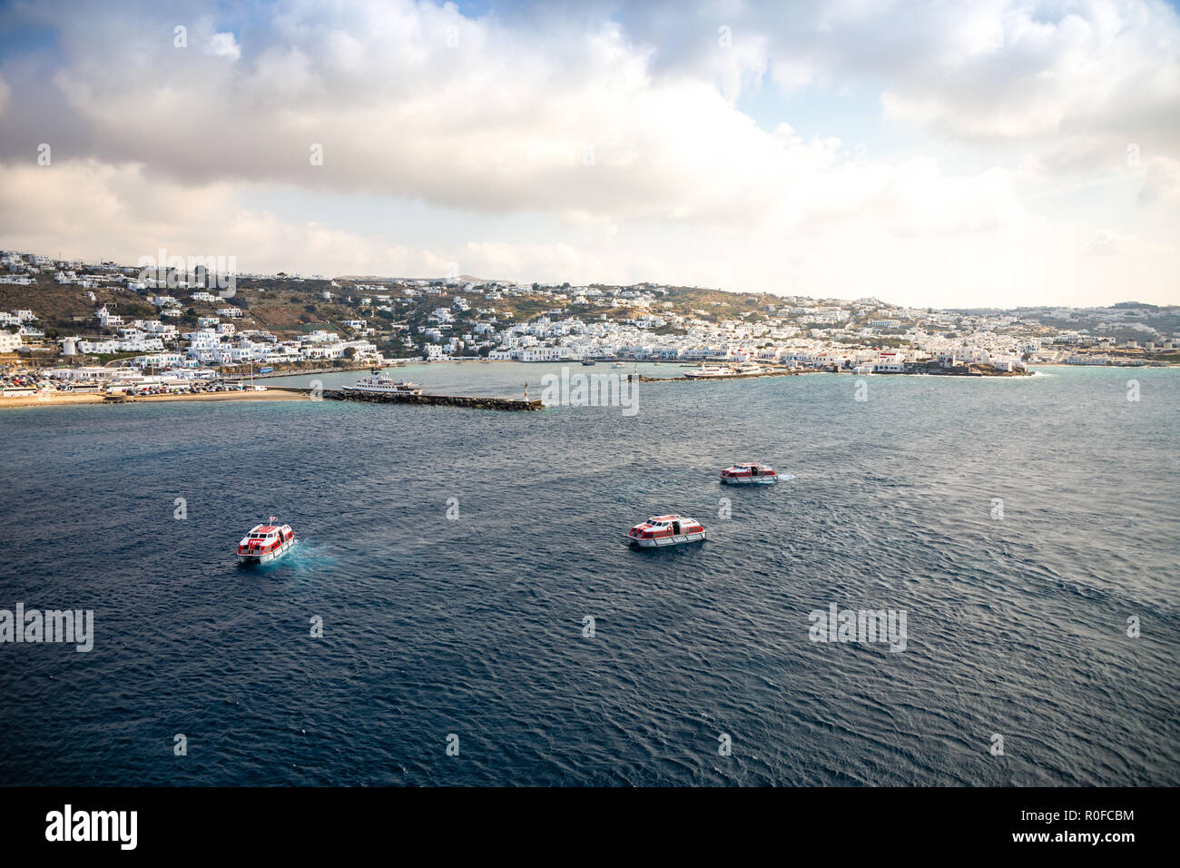 Mykonos island aerial panoramic view, part of the Cyclades, Greece Stock Photo