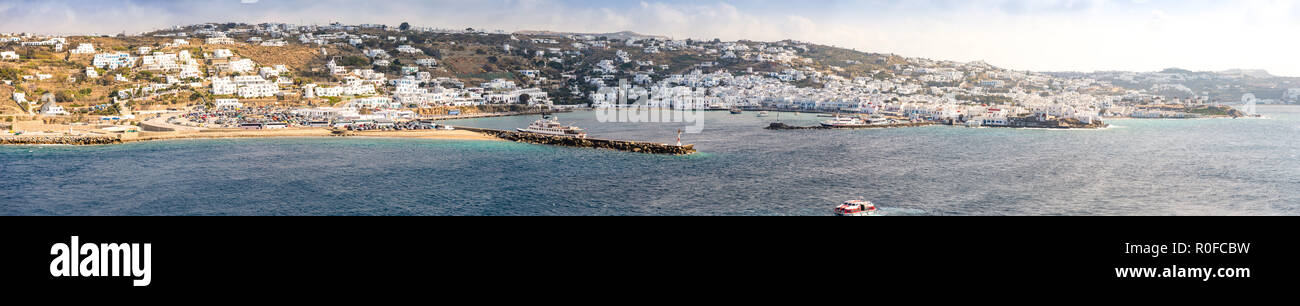 Mykonos island aerial panoramic view, part of the Cyclades, Greece Stock Photo