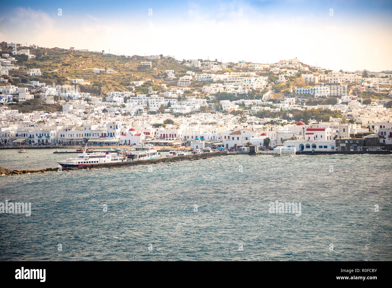 Mykonos, Greece - 17.10.2018: Mykonos island aerial panoramic view, part of the Cyclades, Greece Stock Photo