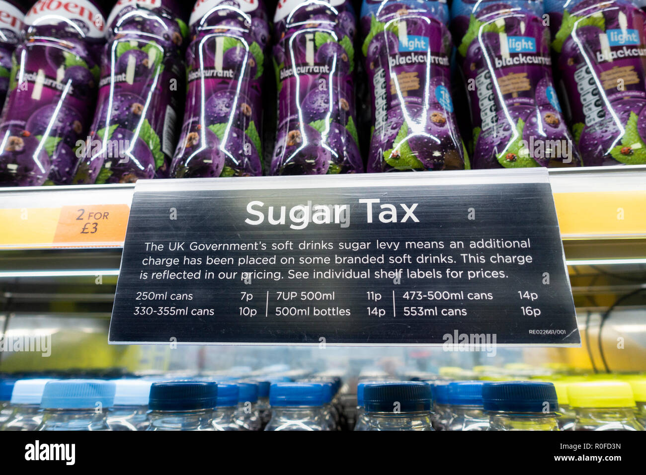Anti obesity Sugar Tax surcharge on fizzy/sugary drinks in UK shop. Stock Photo