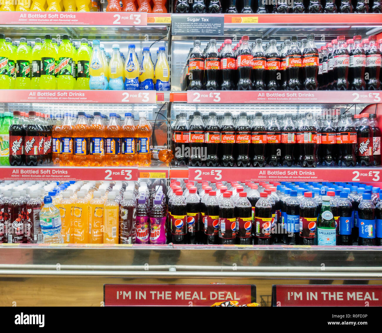 Anti obesity Sugar Tax surcharge on fizzy/sugary drinks in UK shop. Stock Photo