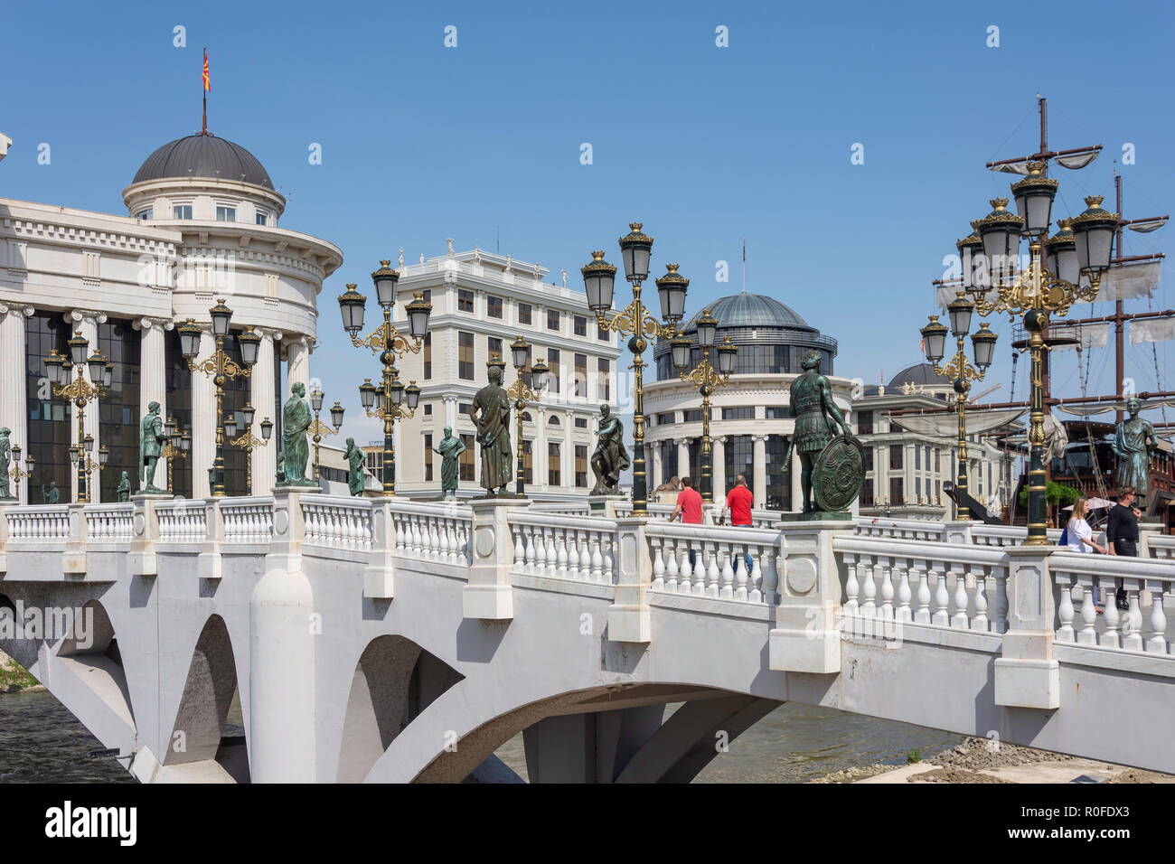 Neoclassical buildings across Bridge of Civilization, Skopje, Skopje Region, Republic of North Macedonia Stock Photo