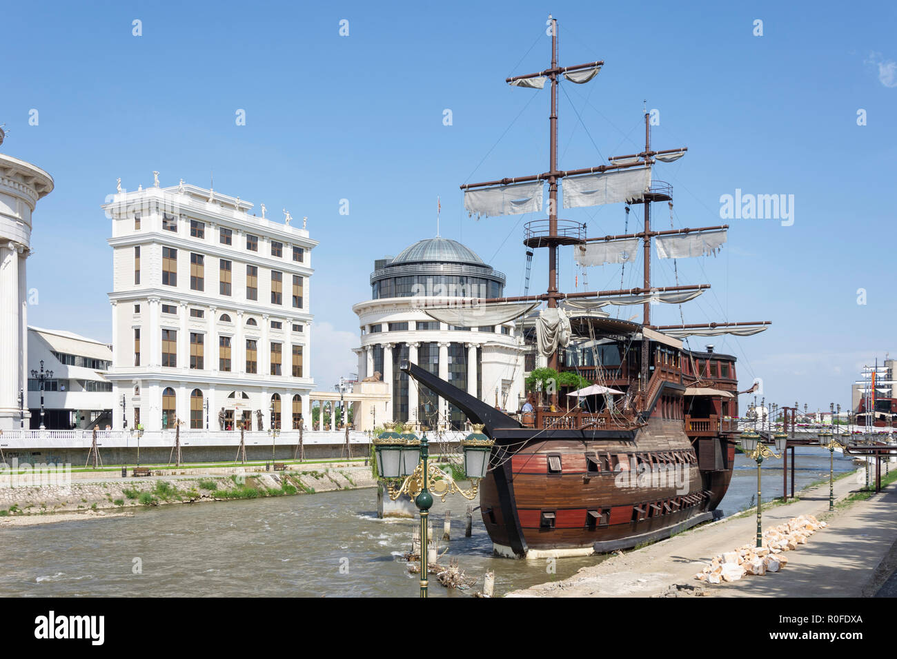 Ship Hotel Senigallia on banks of River Vardar, Skopje, Skopje Region, Republic of North Macedonia Stock Photo