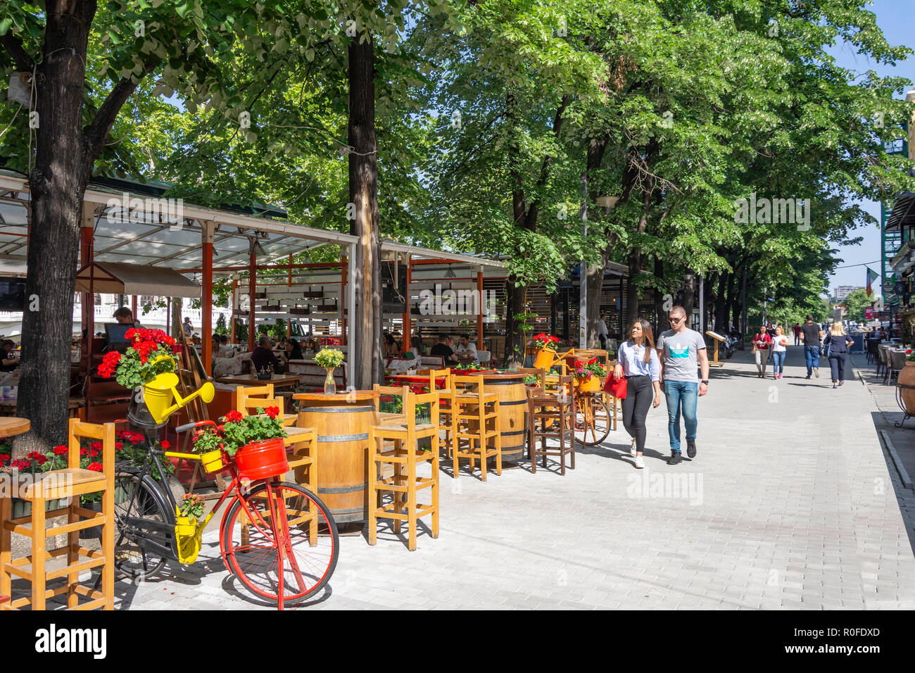 Riverside restaurant on banks of River Vardar, Skopje, Skopje Region, Republic of North Macedonia Stock Photo