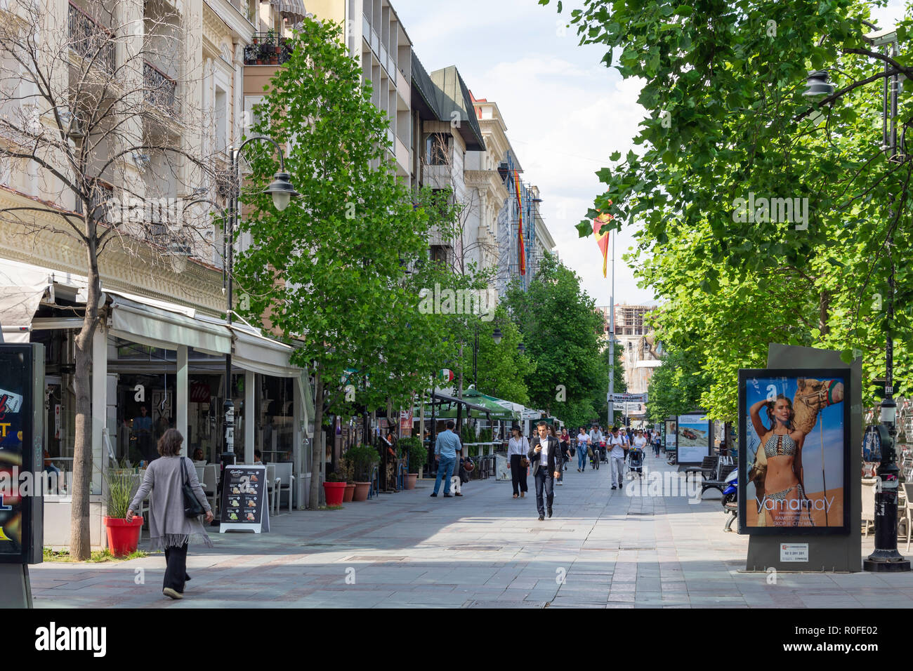 Pedestrianised Macedonia Street, Skopje, Skopje Region, Republic of North Macedonia Stock Photo