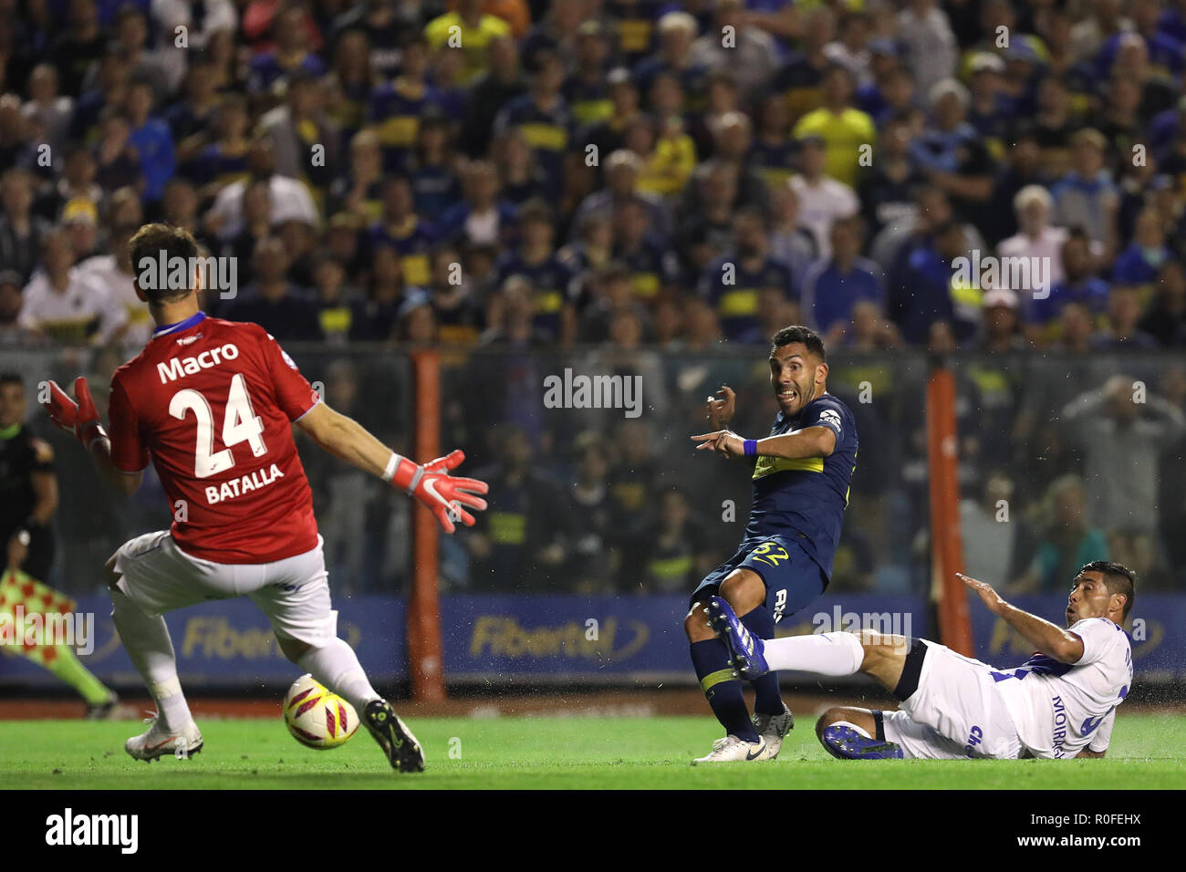 Buenos Aires, Argentina - November 03, 2018: Carlos Tevez scoring his second goal of the night in the Alberto J. Armando in Buenos Aires, Argentina Stock Photo
