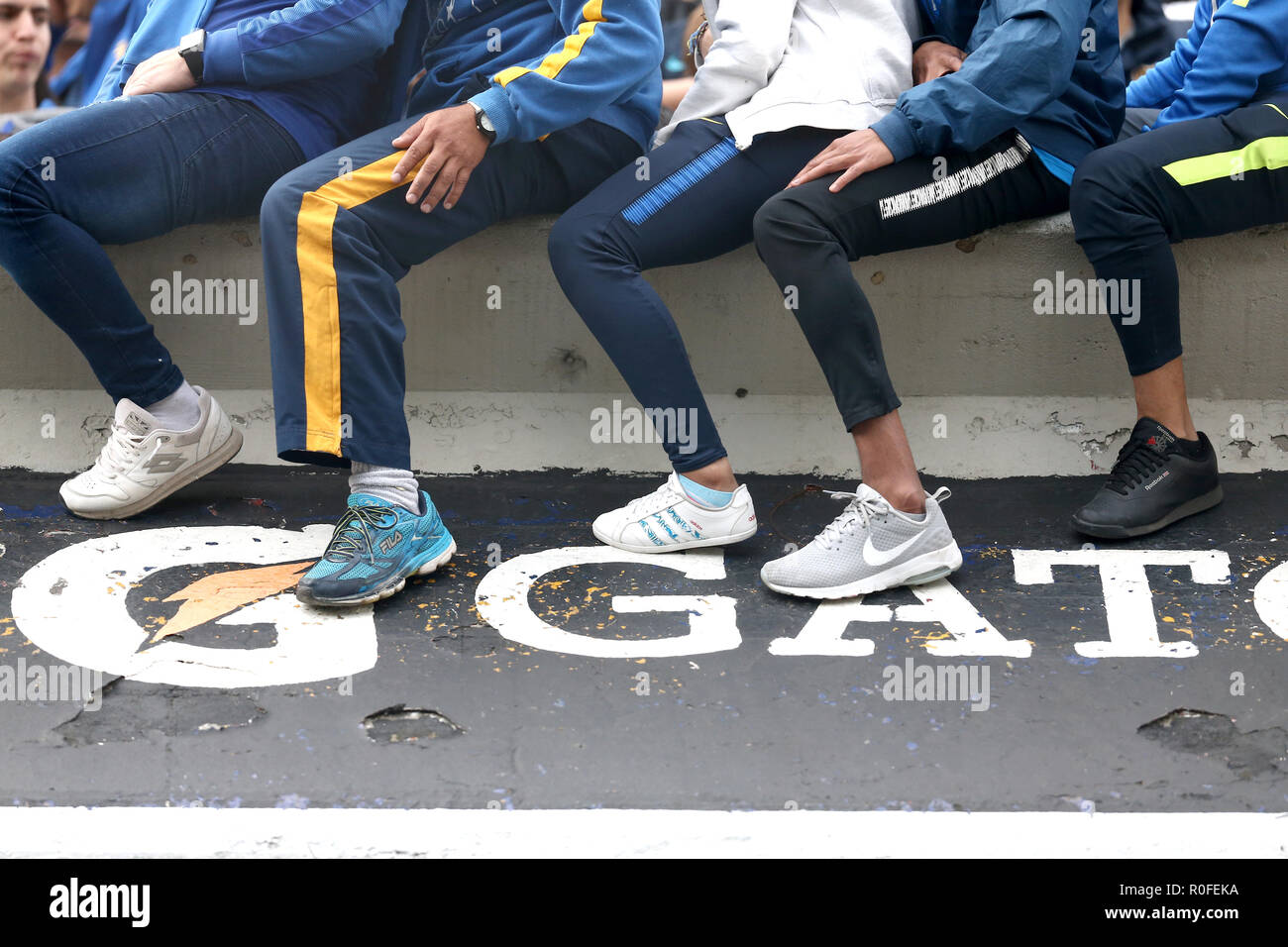Buenos Aires, Argentina - October 20, 2018: Boca Juniors Fans shoes hanging in the Bombonera Stadium in Buenos Aires, Argentina Stock Photo