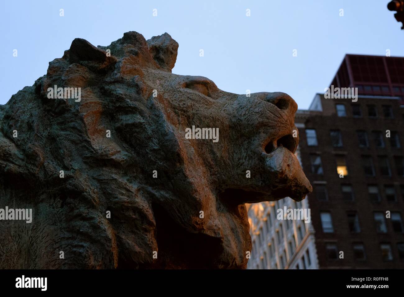 One of two Lions at the entrance of the Art Institute of Chicago. Established in 1893, the museum is one of the oldest and largest in the USA. Stock Photo