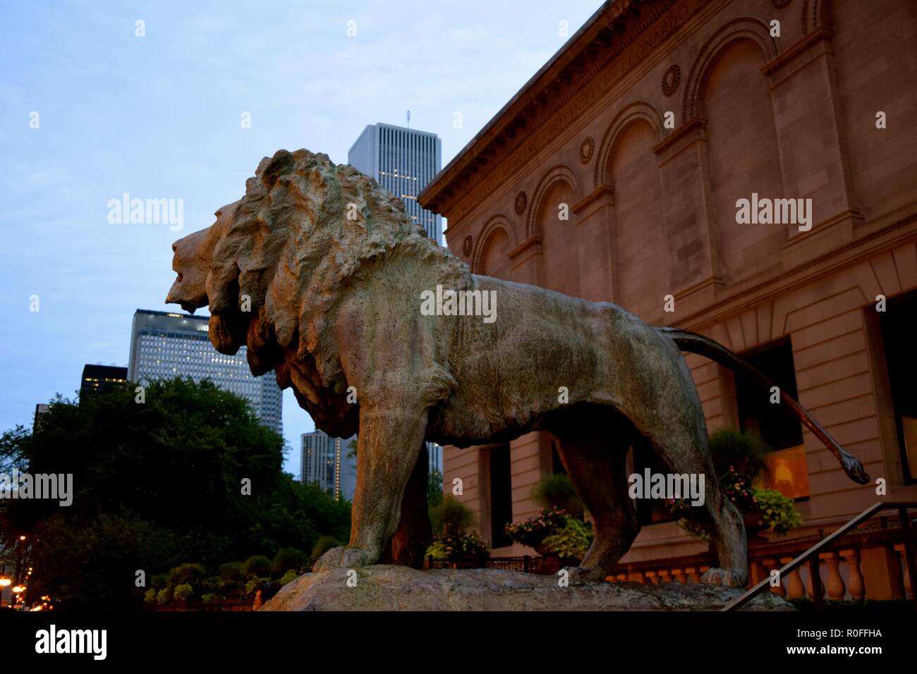 One of two Lions at the entrance of the Art Institute of Chicago.  Established in 1893, the museum is one of the oldest and largest in the USA  Stock Photo - Alamy