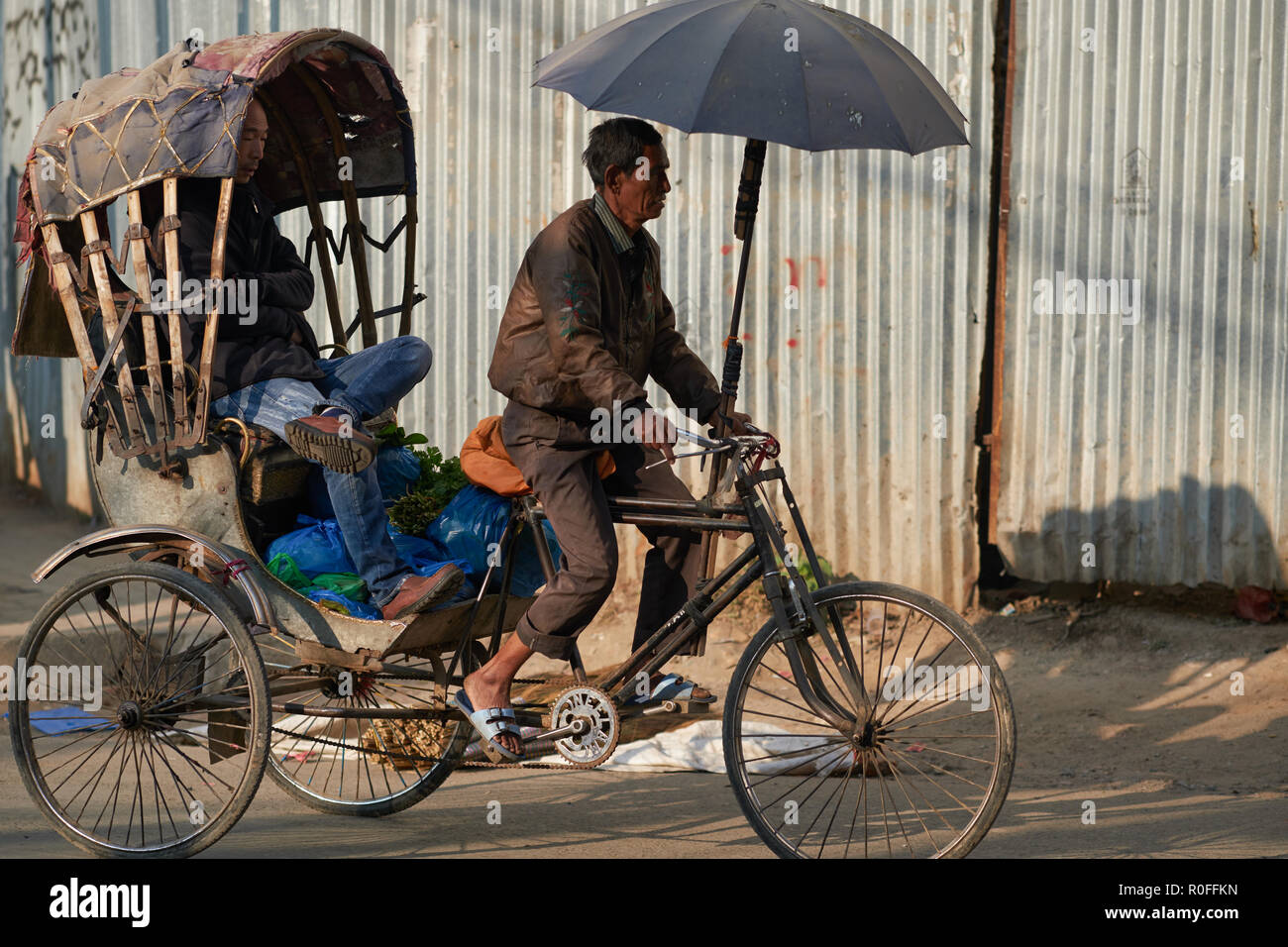 A man pedals his cycle rickshaw and a sleepy looking passenger through