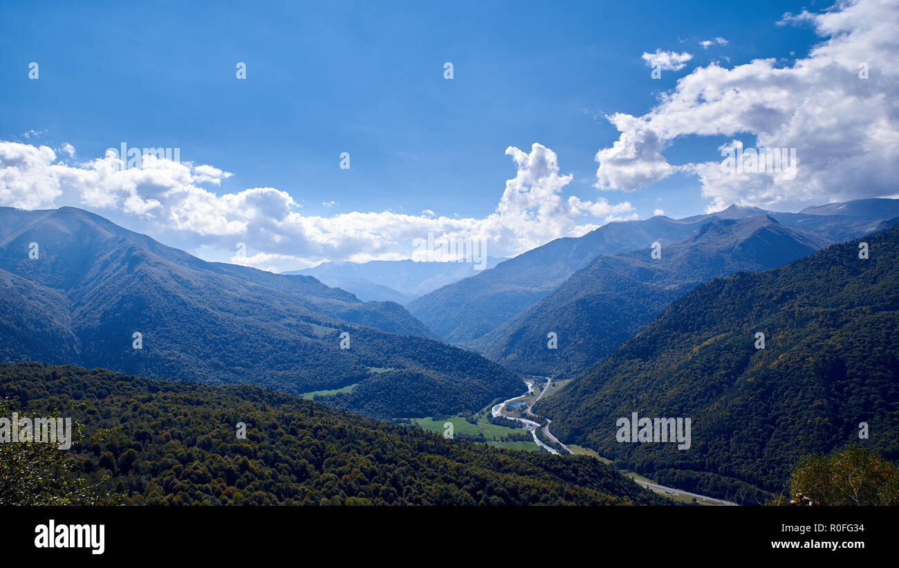 Mountain valley with river and road. Arkhyz Stock Photo
