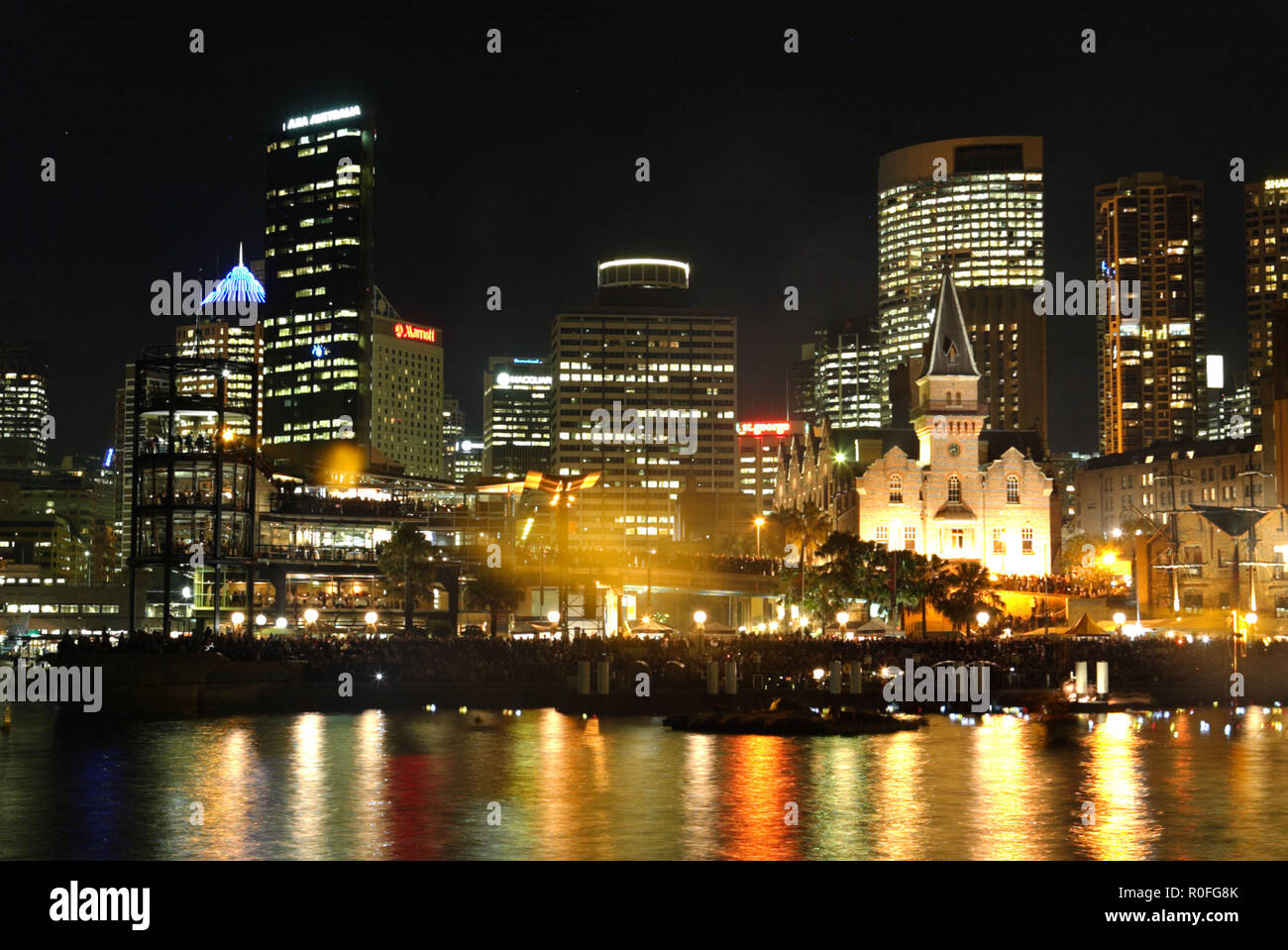 The fire that devastated the Australian convict ship 'Three Bees' in 1814 is dramatically re-created in Campbell's Cove on Sydney Harbour as part of 'Vivid Sydney' a festival of light, music and ideas held from 26 May to June 14, 2009.  Sydney, Australia. 12.06.09. Stock Photo