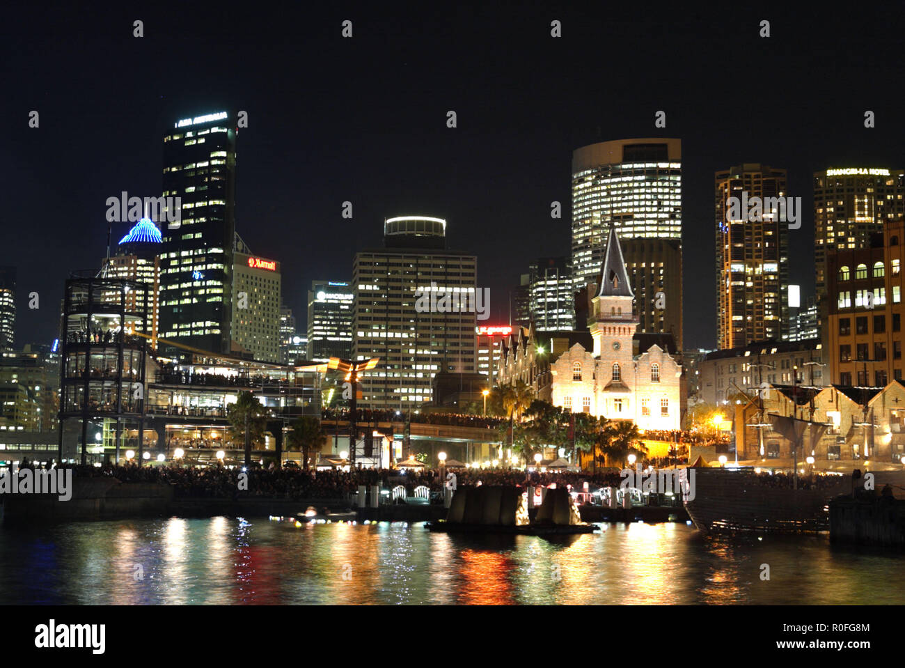 The fire that devastated the Australian convict ship 'Three Bees' in 1814 is dramatically re-created in Campbell's Cove on Sydney Harbour as part of 'Vivid Sydney' a festival of light, music and ideas held from 26 May to June 14, 2009.  Sydney, Australia. 12.06.09. Stock Photo