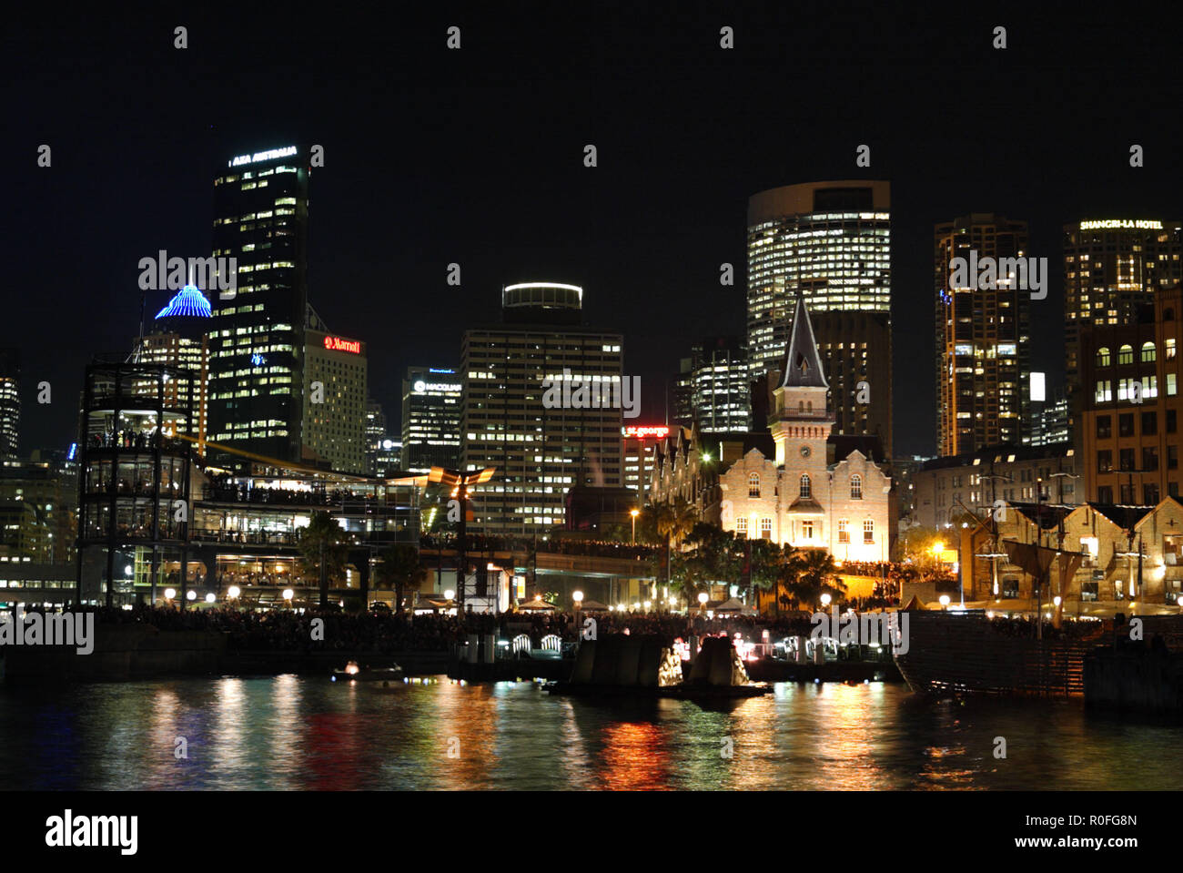 The fire that devastated the Australian convict ship 'Three Bees' in 1814 is dramatically re-created in Campbell's Cove on Sydney Harbour as part of 'Vivid Sydney' a festival of light, music and ideas held from 26 May to June 14, 2009.  Sydney, Australia. 12.06.09. Stock Photo