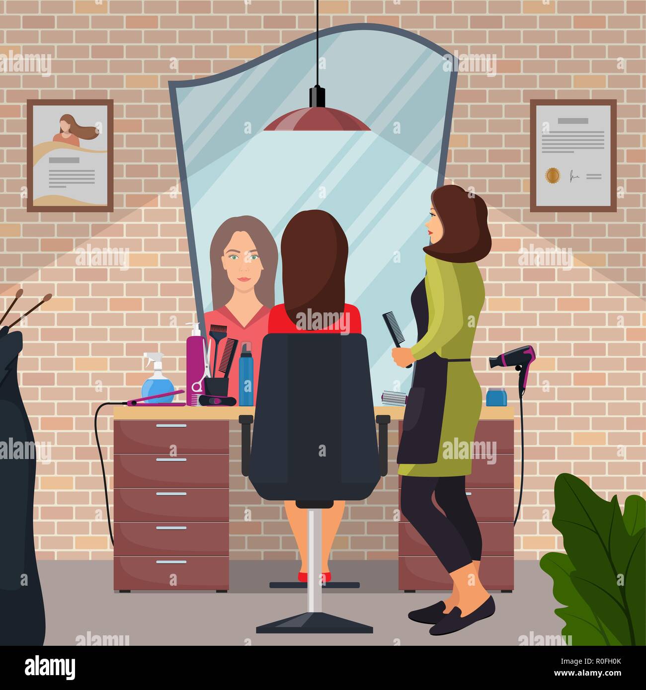 Hairdresser And Woman Client In Beauty Hairdressing Salon Chair