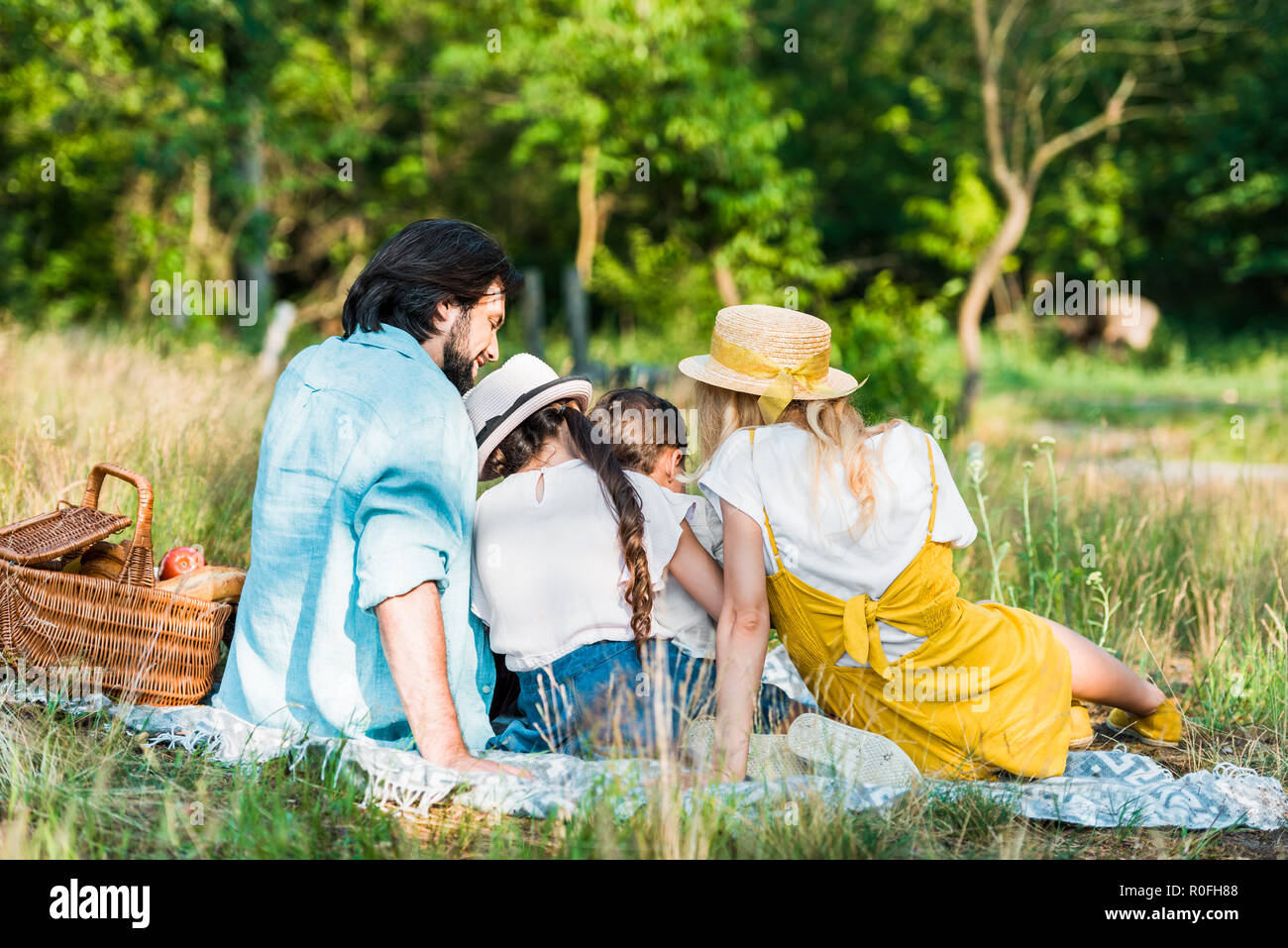 back view of parents and children sitting on blanket at picnic Stock ...