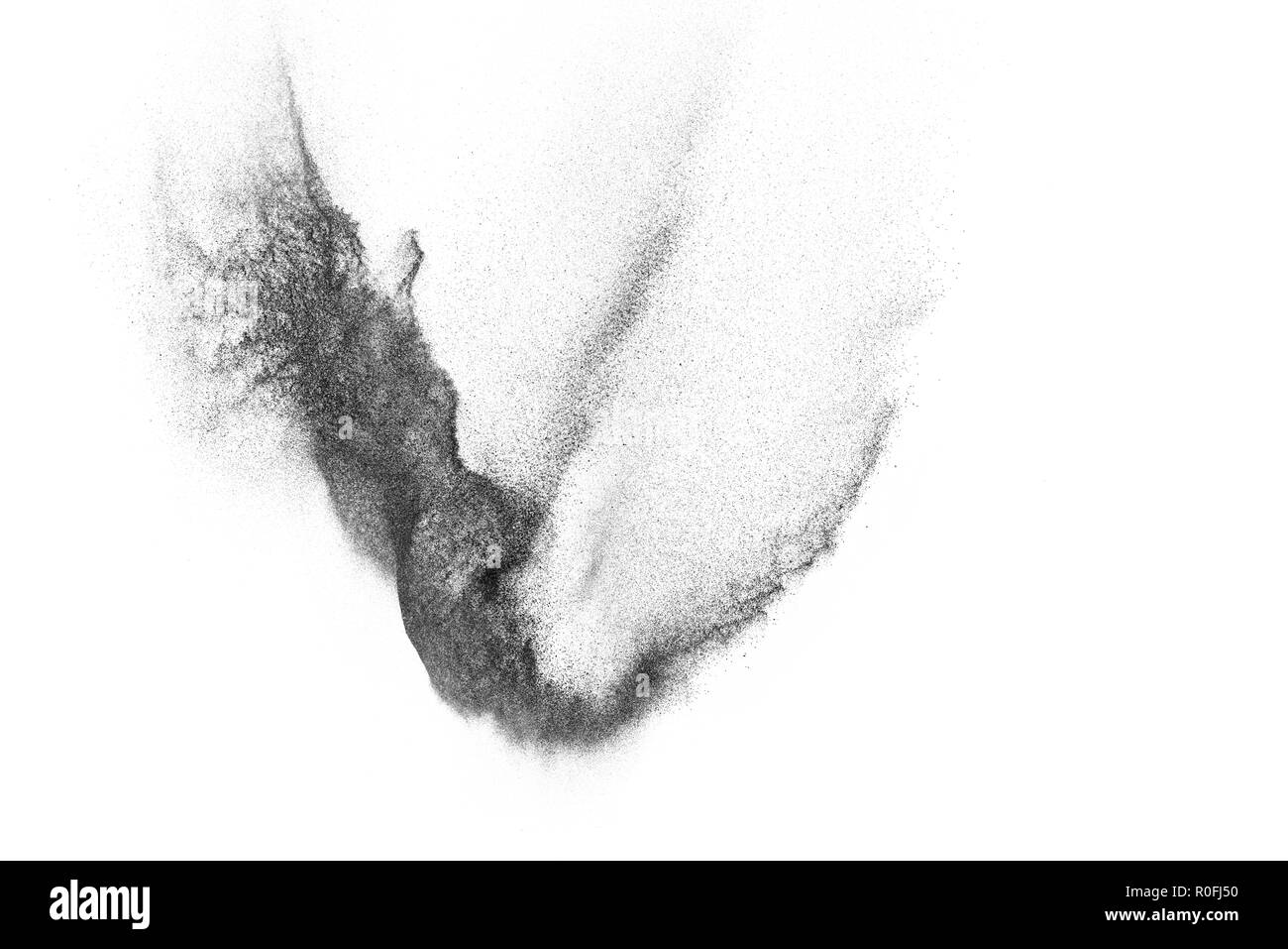 Black particles explosion isolated on white background. Abstract dust ...