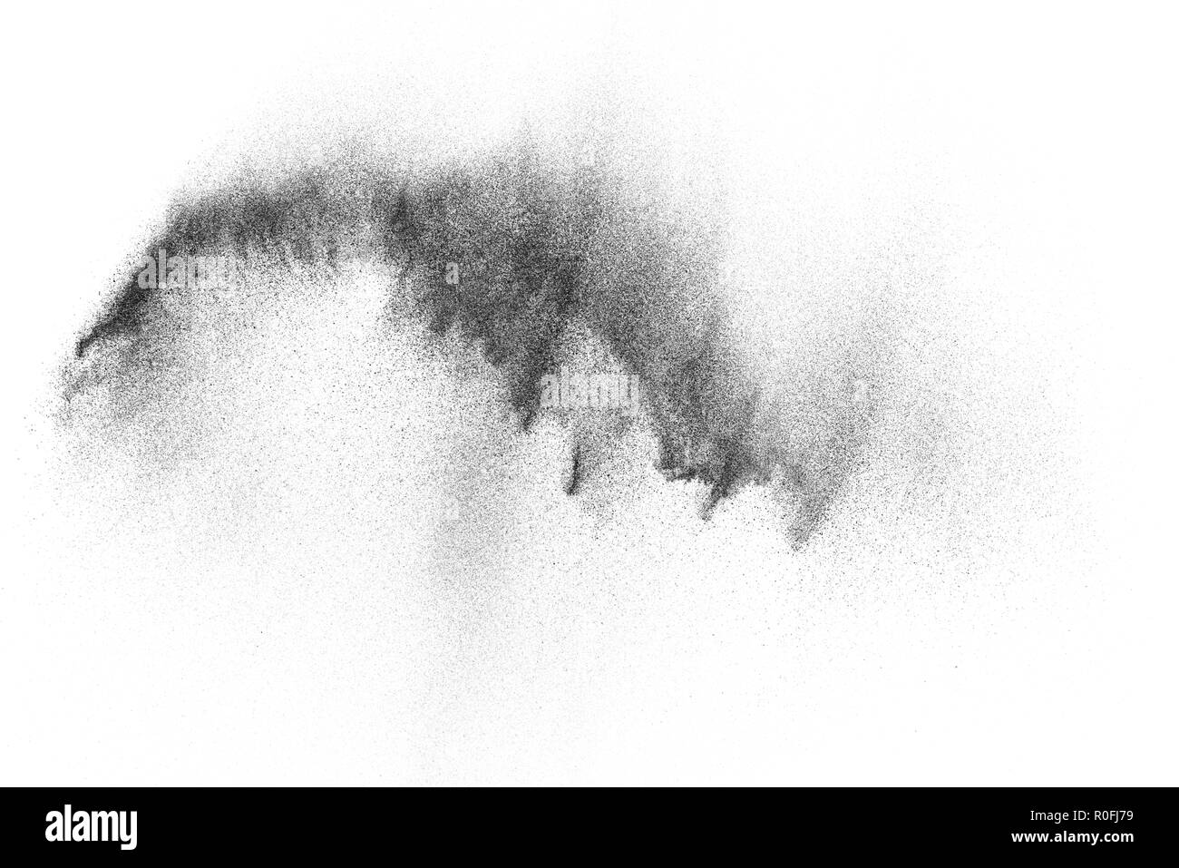 Black particles explosion isolated on white background. Abstract dust ...