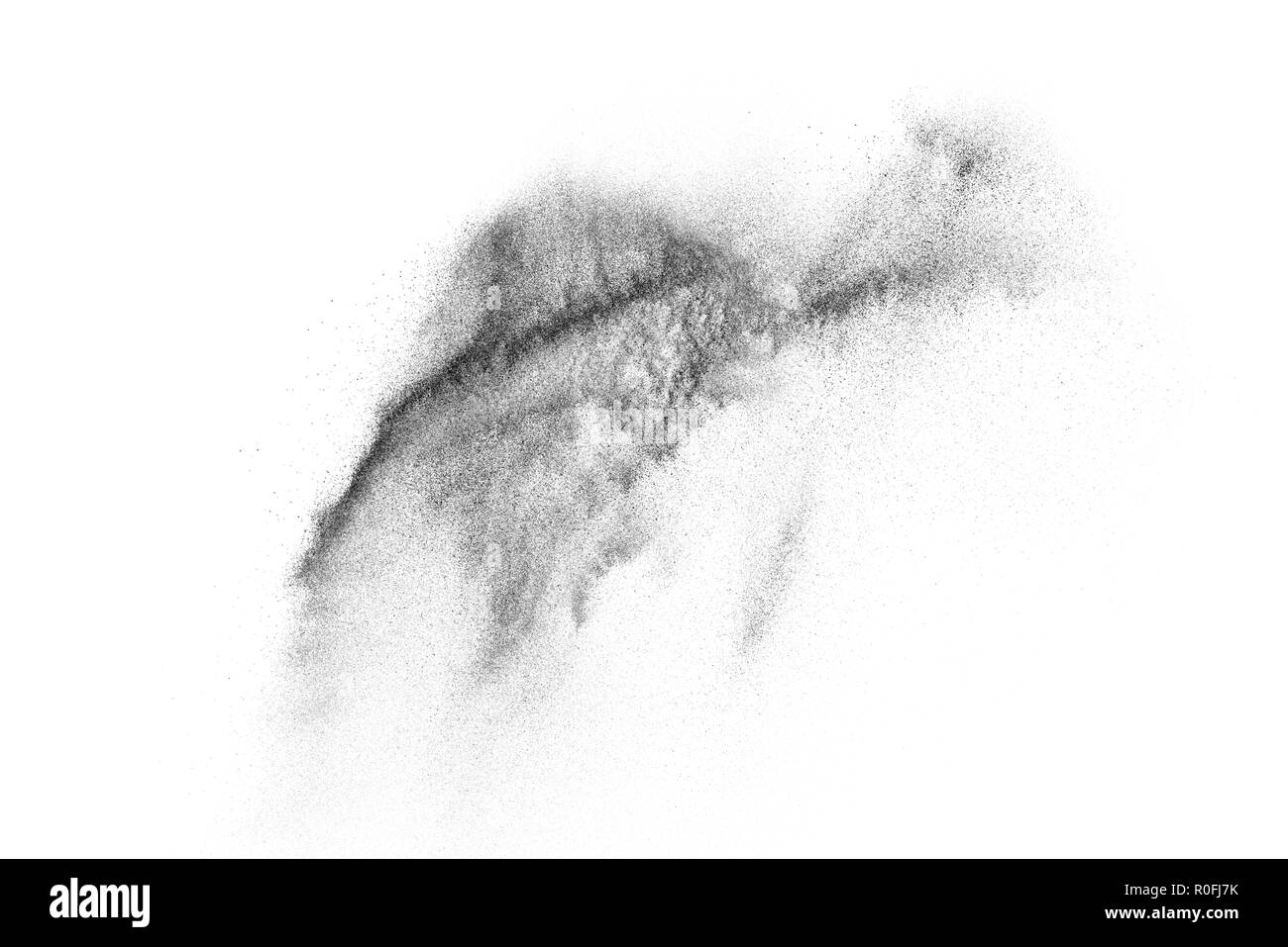 Black particles explosion isolated on white background. Abstract dust ...