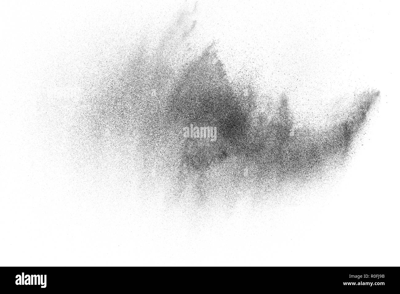 Black particles explosion isolated on white background. Abstract dust ...