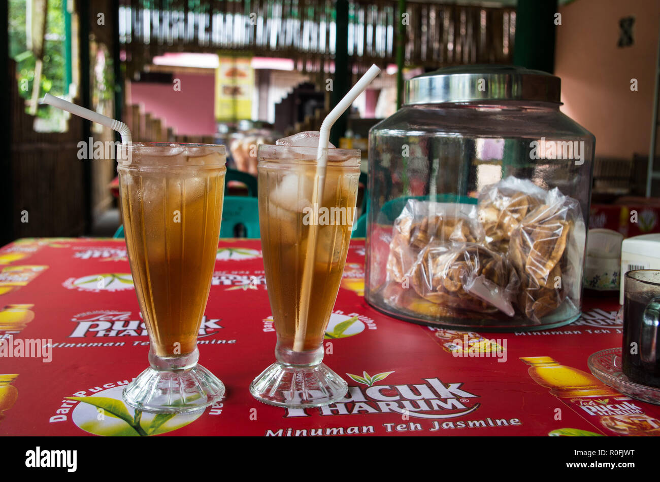 Indonesian-style ES TEH (ice tea) sold in local restaurant, Kuta, Lombok Indonesia, March 2017 Stock Photo