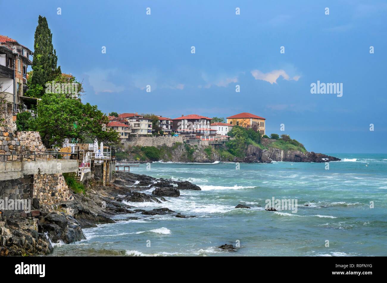 Sozopol, Bulgaria. Houses by the sea on a stormy day. Stock Photo