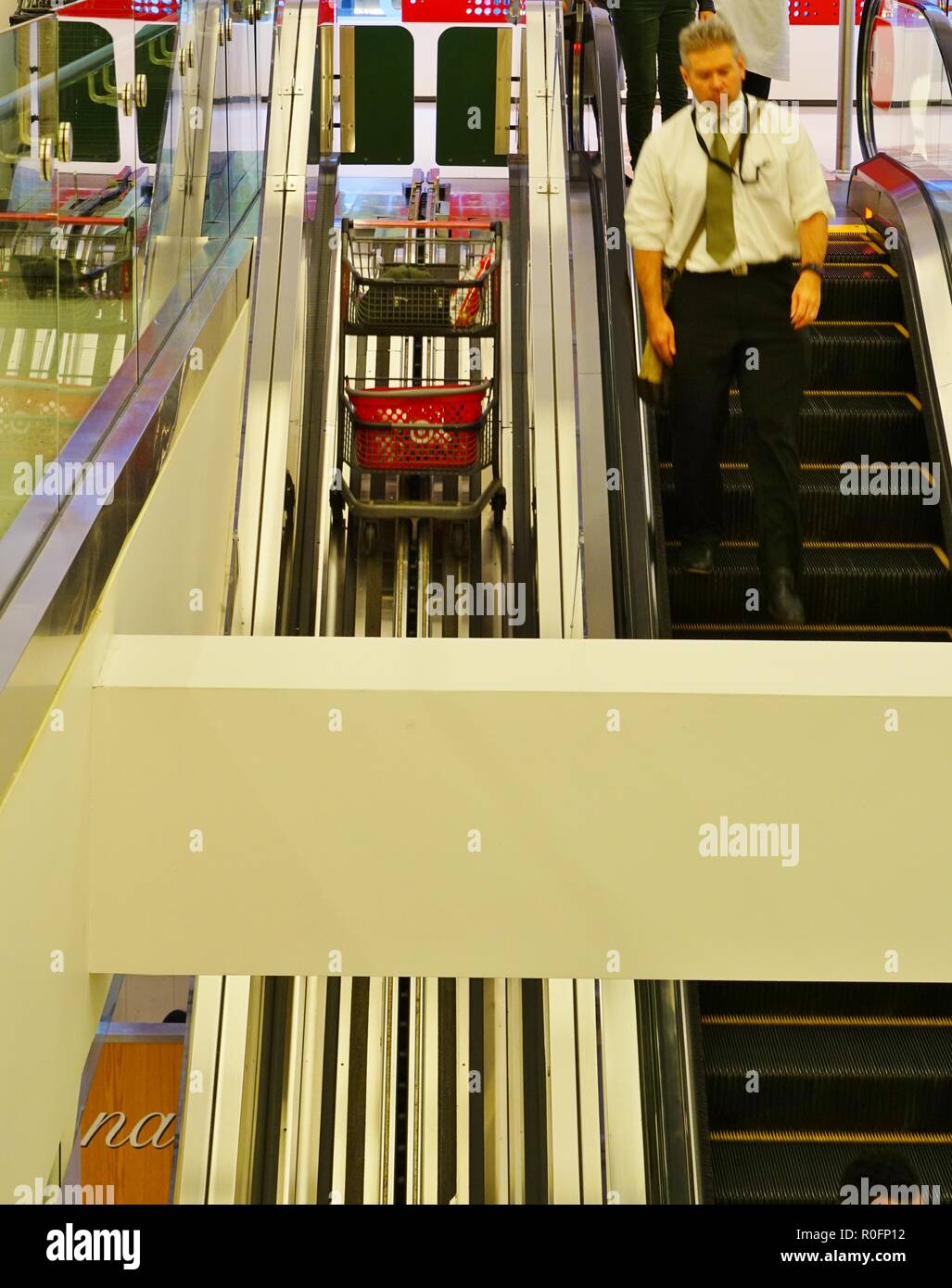 CHICAGO, IL 31 OCT 2018 View of a shopping cart conveyor escalator bringing carts up and down