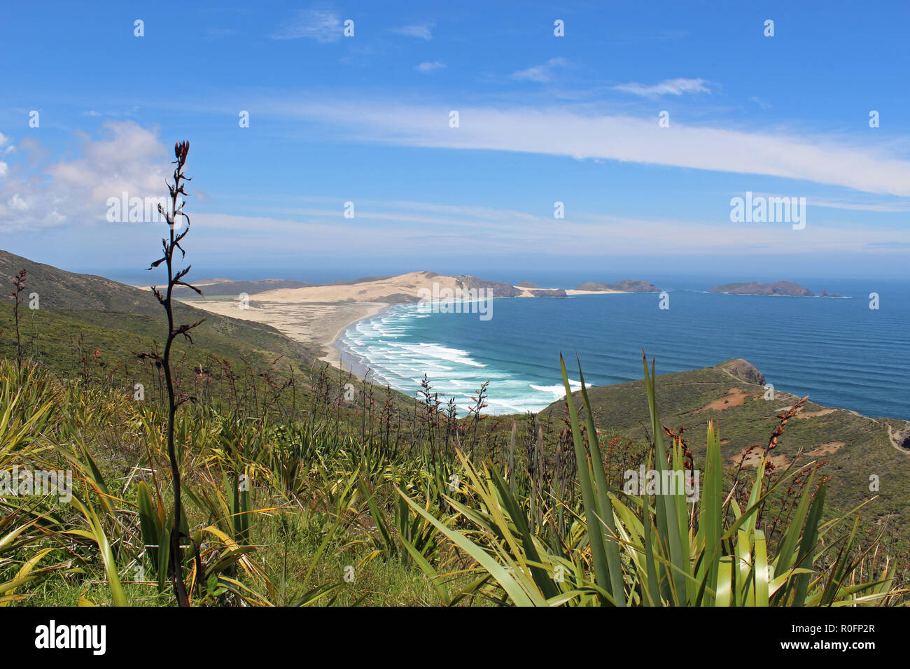 The unspoilt coastal beaches of Cape Reinga lapped by the Tasman Sea.  Most northerly point of New Zealand's North Island Stock Photo