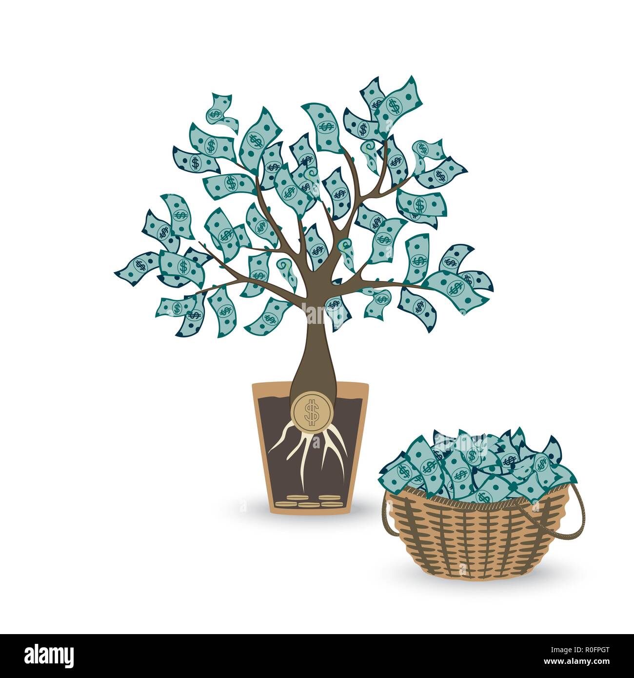 Money tree with a coin root. Green cash banknotes tree in ceramic pot and money basket. Business and investment harvest and income concept. Stock Vector