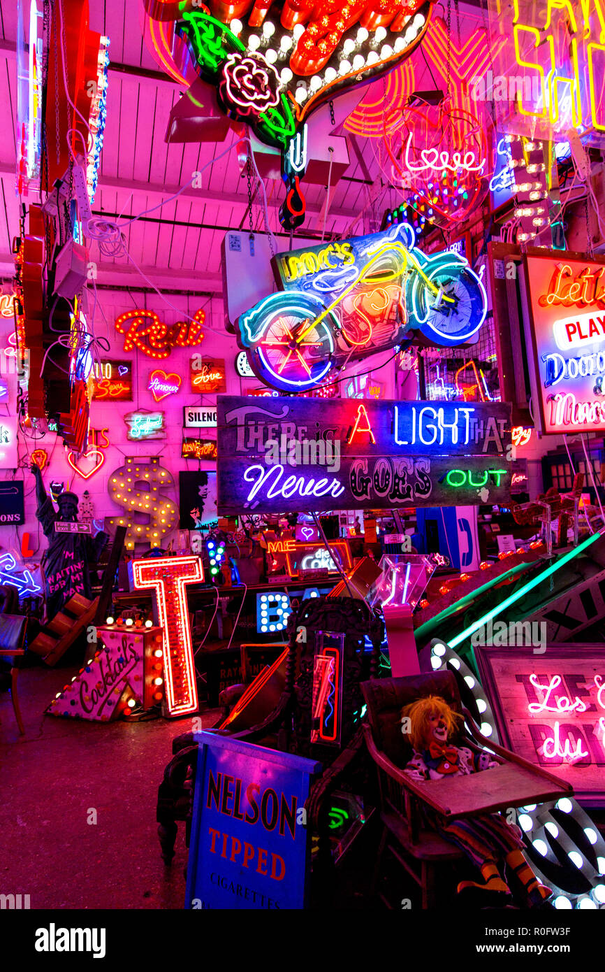 Room full of bright colourful neon signs, neon shop Gods Own Junkyard